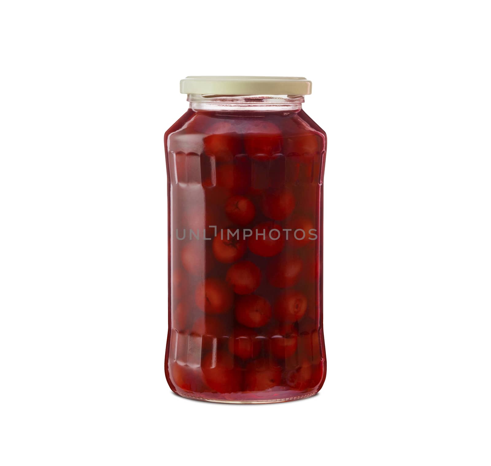 Cherry compote in a glass jar. Isolated on white background. With clipping path