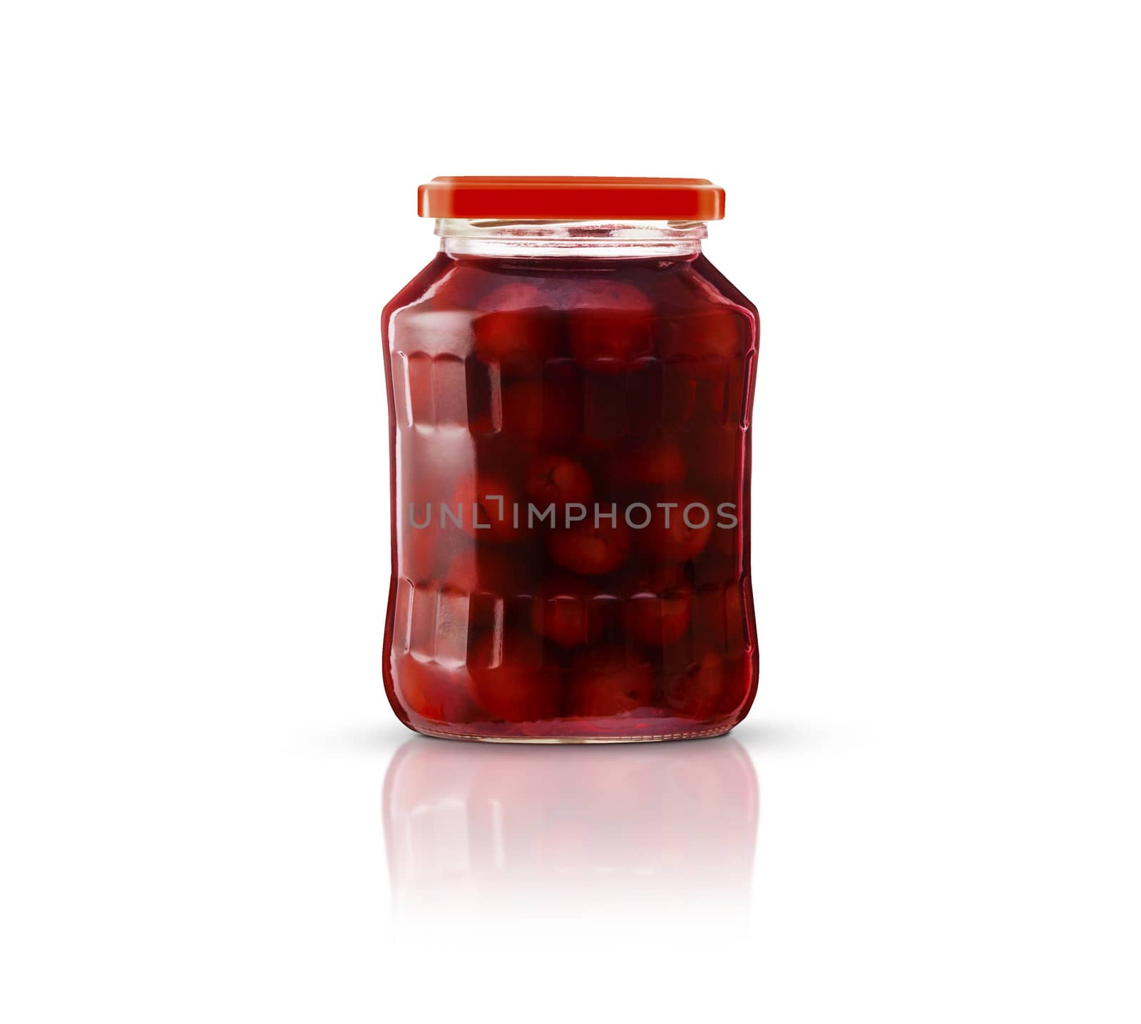 Cherry compote in a glass jar. Isolated on white background. With clipping path