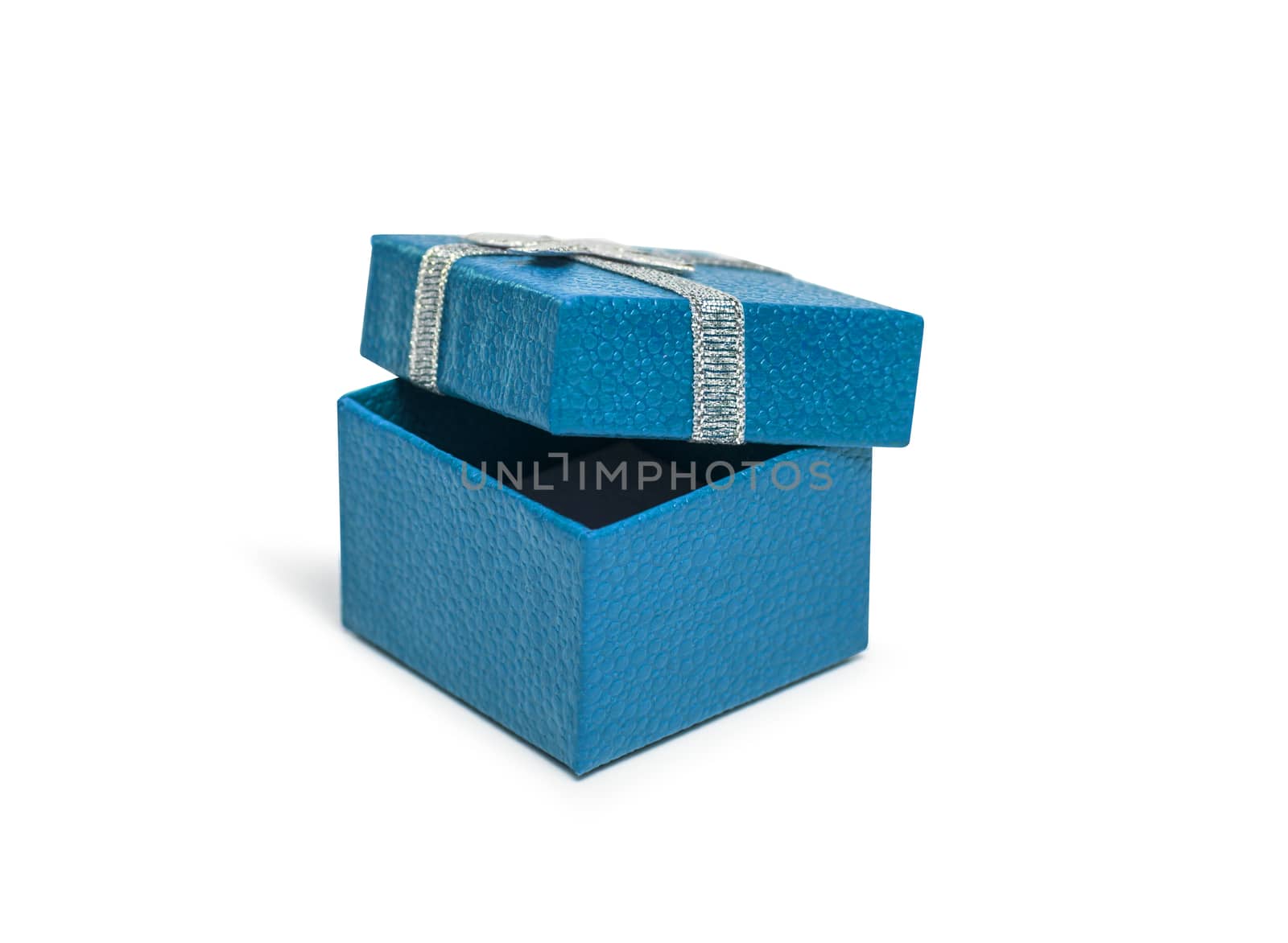 Open Blue colour gift box with silver ribbon isolated on white background