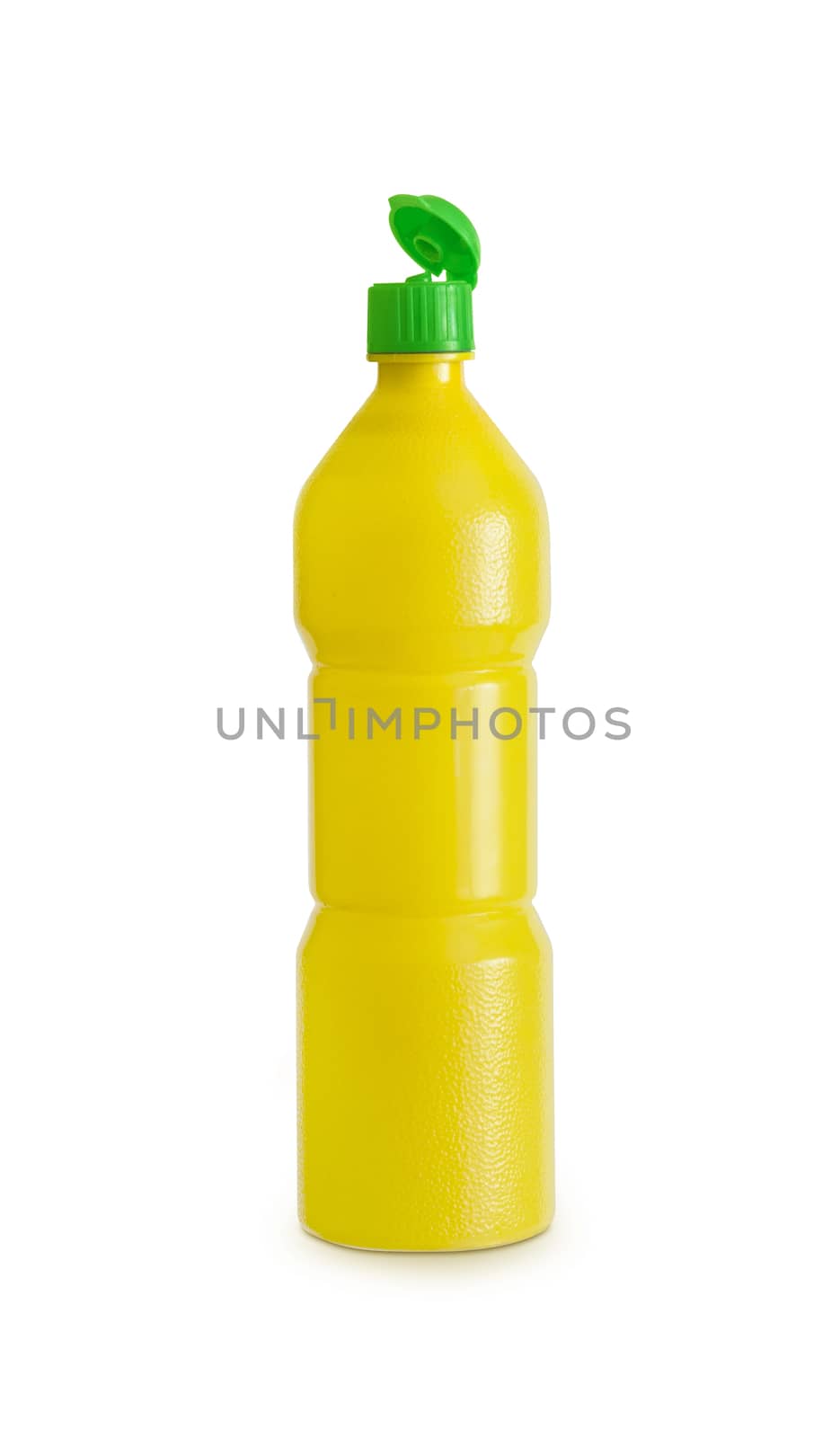 Yellow plastic lemon bottle isolated with clipping path