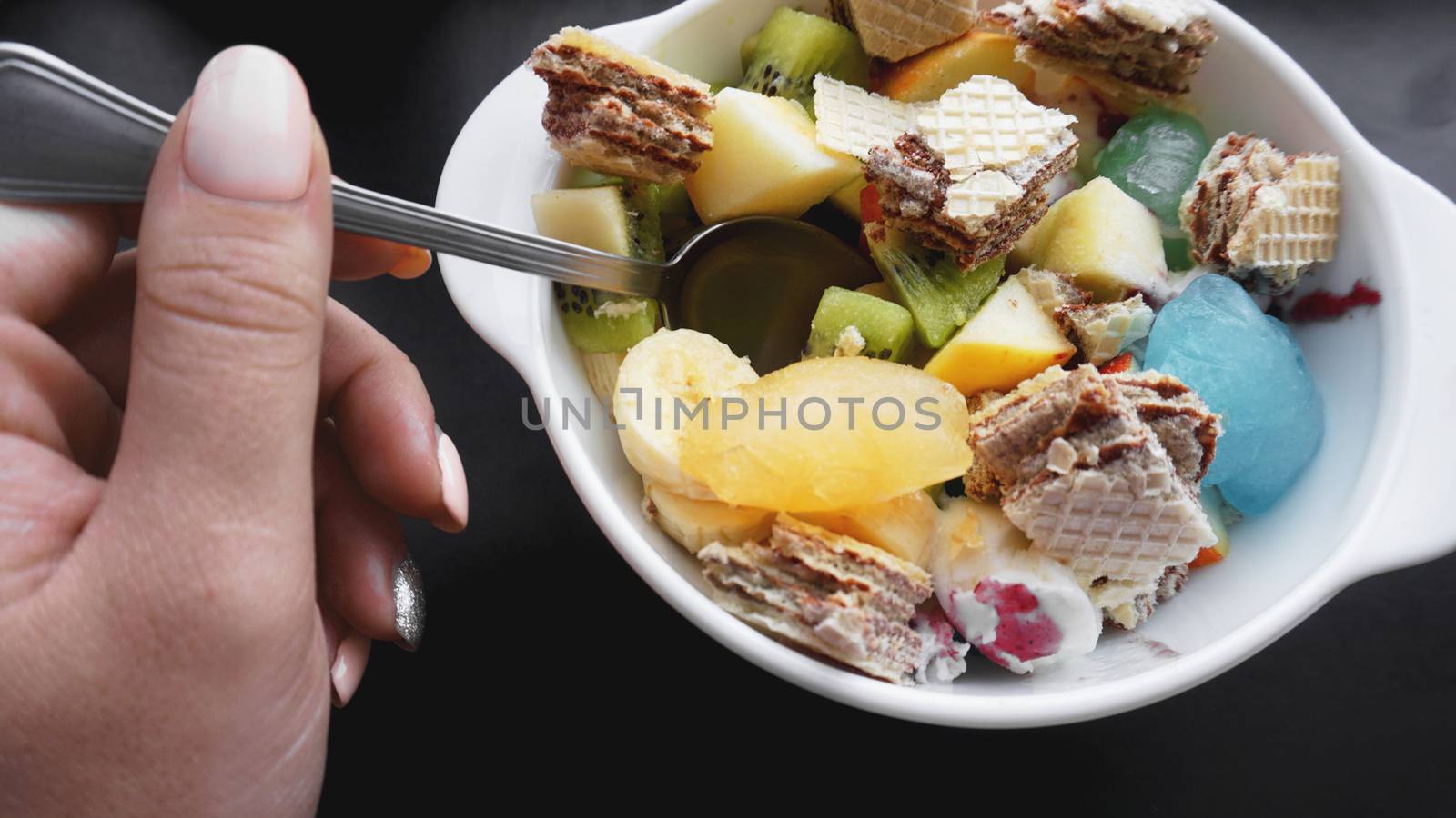 Close up desert with fresh fruit and ice cream by natali_brill