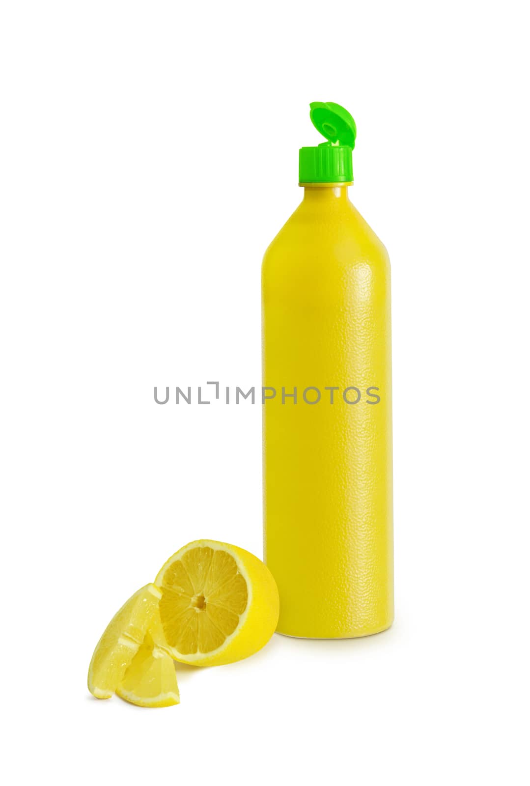 Yellow plastic lemon bottle isolated with clipping path