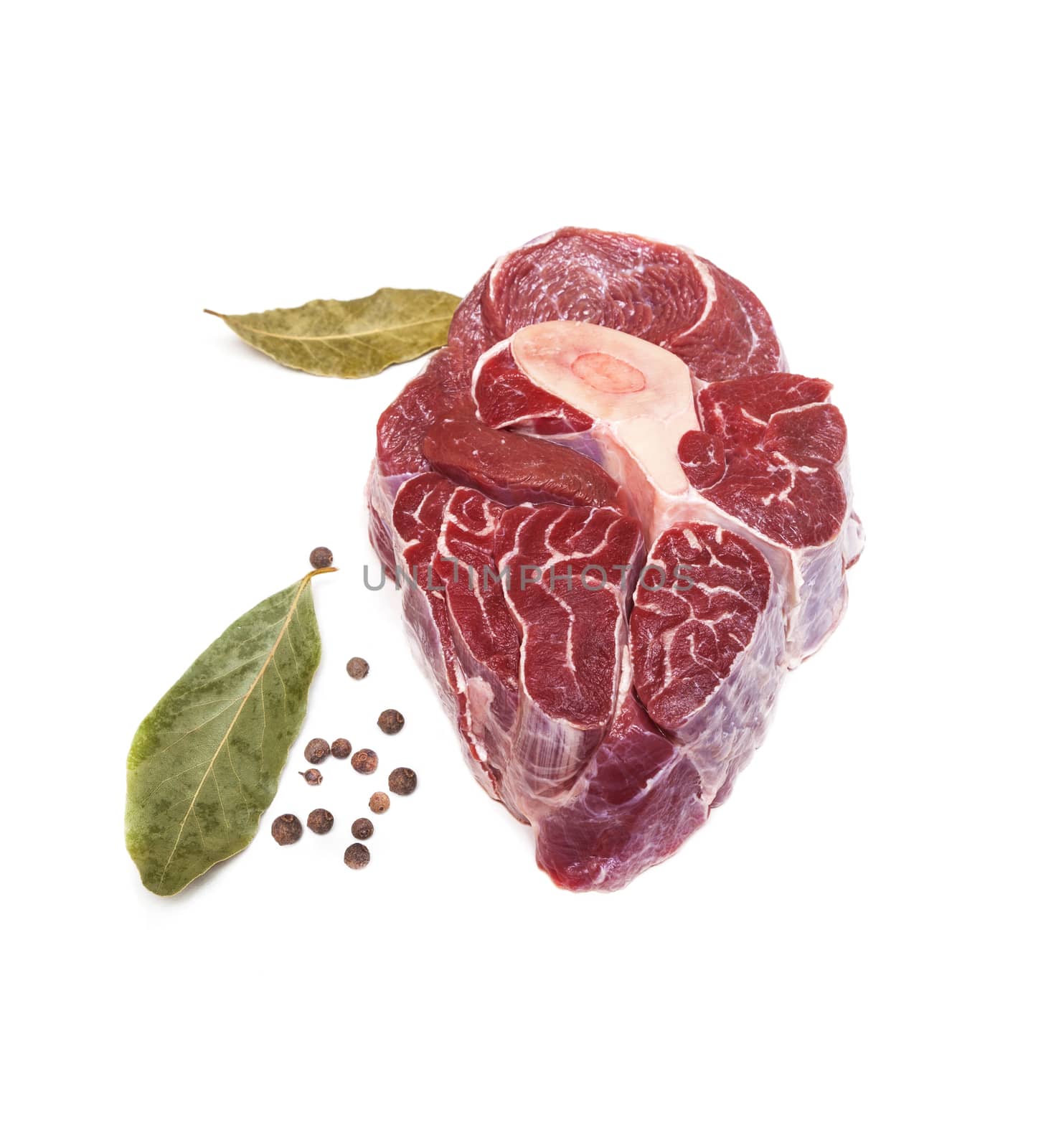Steak beef with bone, Bay leaf and black pepper beans isolated on white background