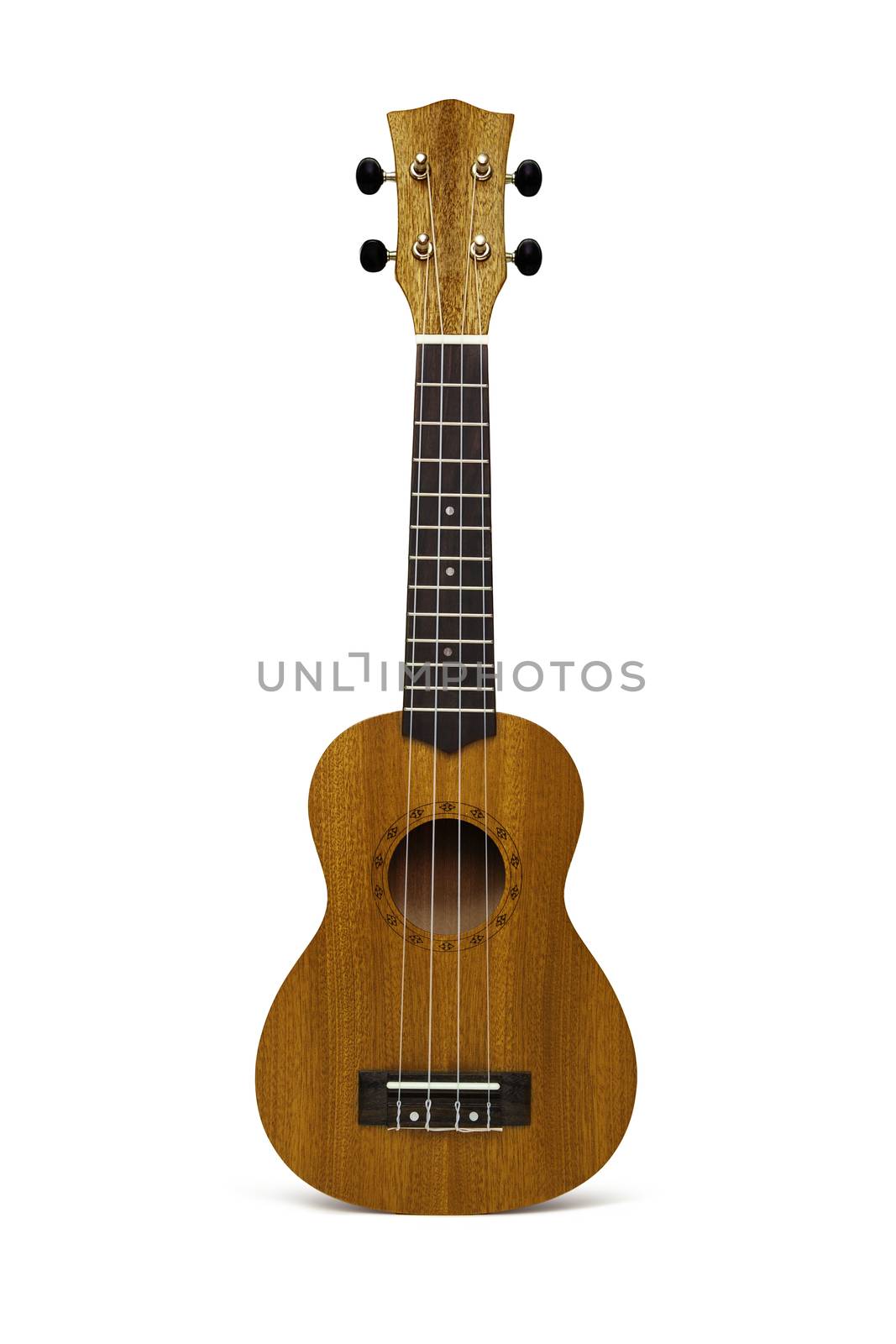The brown ukulele guitar isolated on the white background
