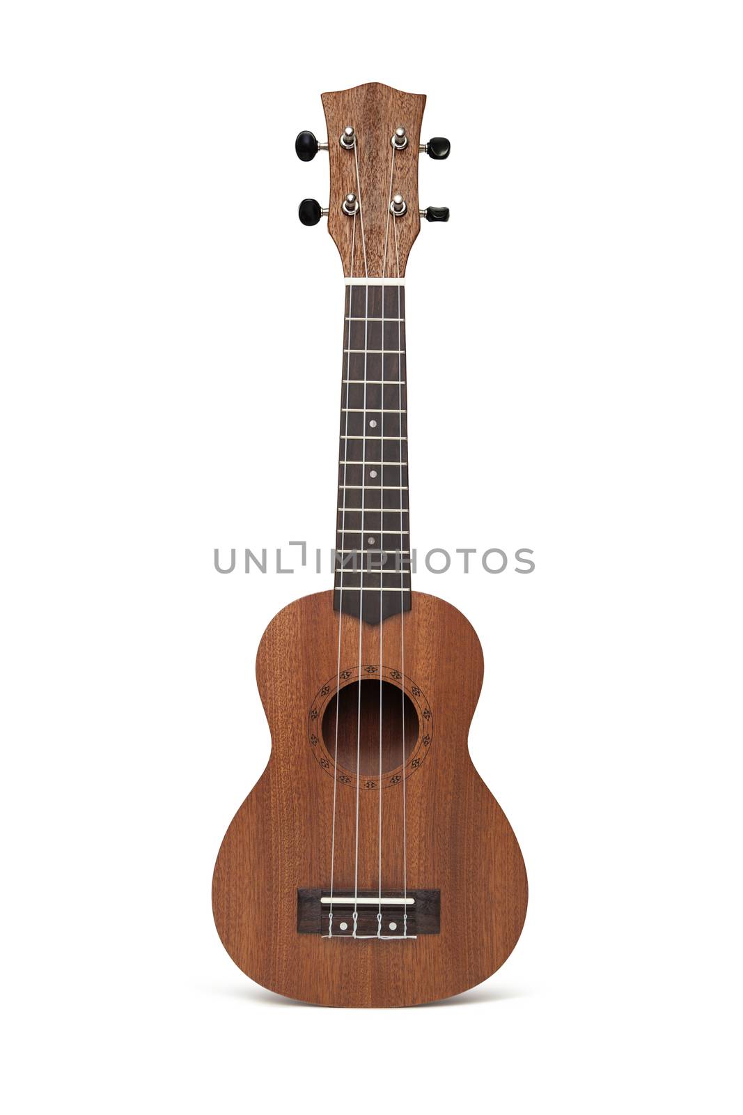 The brown ukulele guitar isolated on the white background