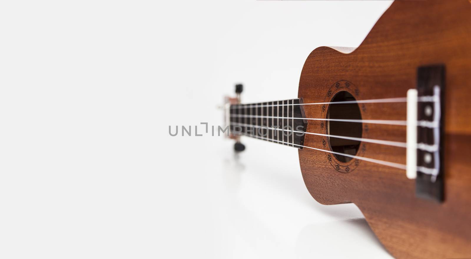 The brown ukulele guitar isolated on the white background. Blurred concept