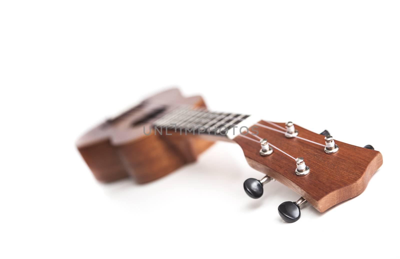 The brown ukulele guitar isolated on the white background. Blurred concept