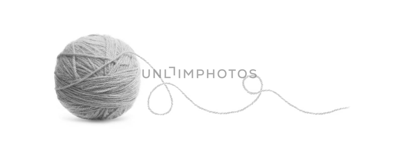 Grey ball of Threads wool yarn isolated on white background