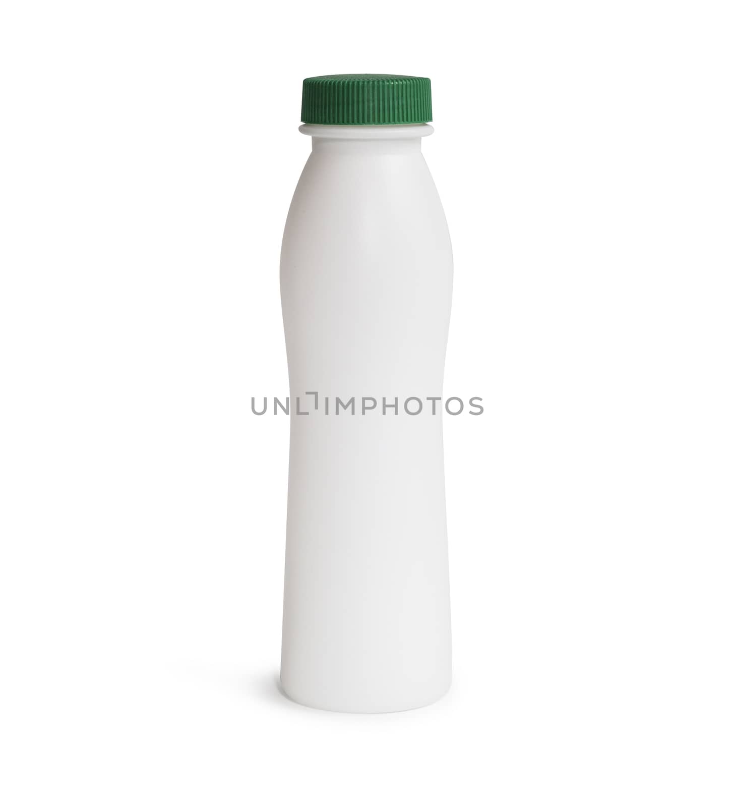 Milk or shampoo plastic bottle with green cap. Isolated on white background
