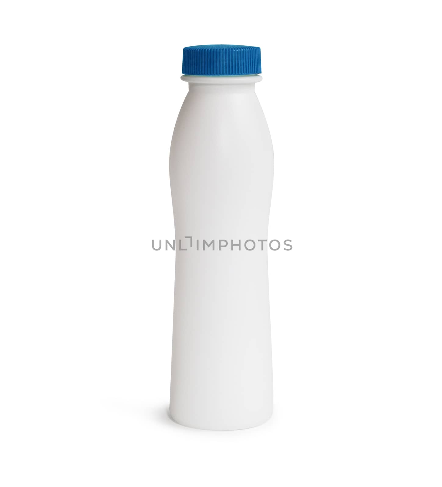 Milk or shampoo plastic bottle with blue cap. Isolated on white background