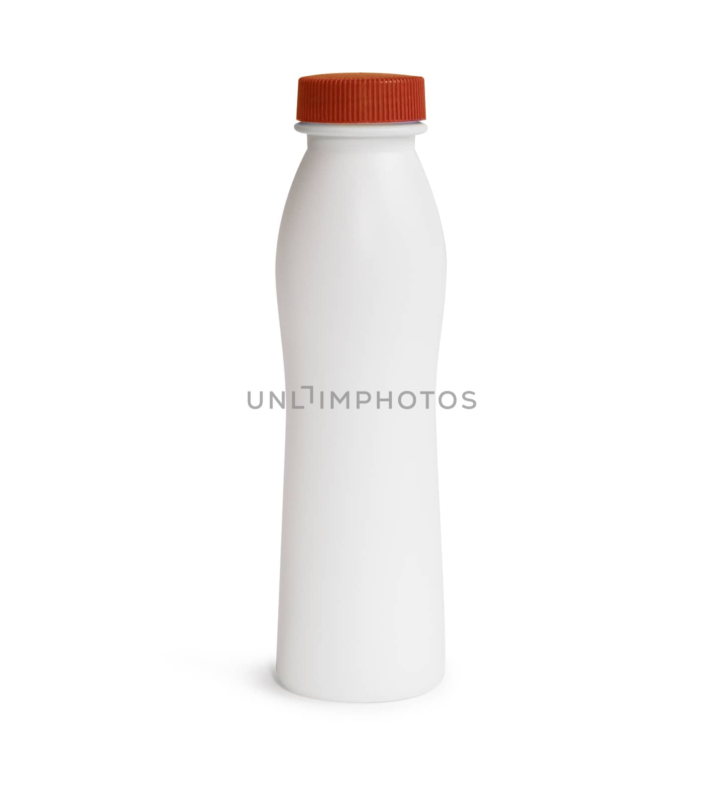 Milk or shampoo plastic bottle with red cap. Isolated on white background