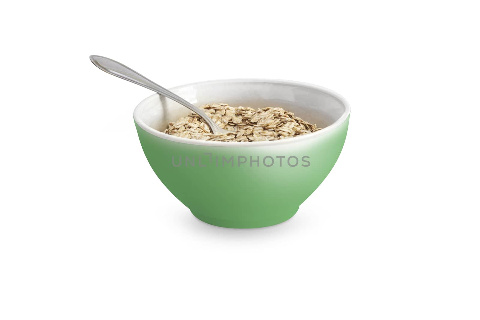 Food. Oatmeal or dry cereal in a green bowl. Isolated on white background. With clipping path