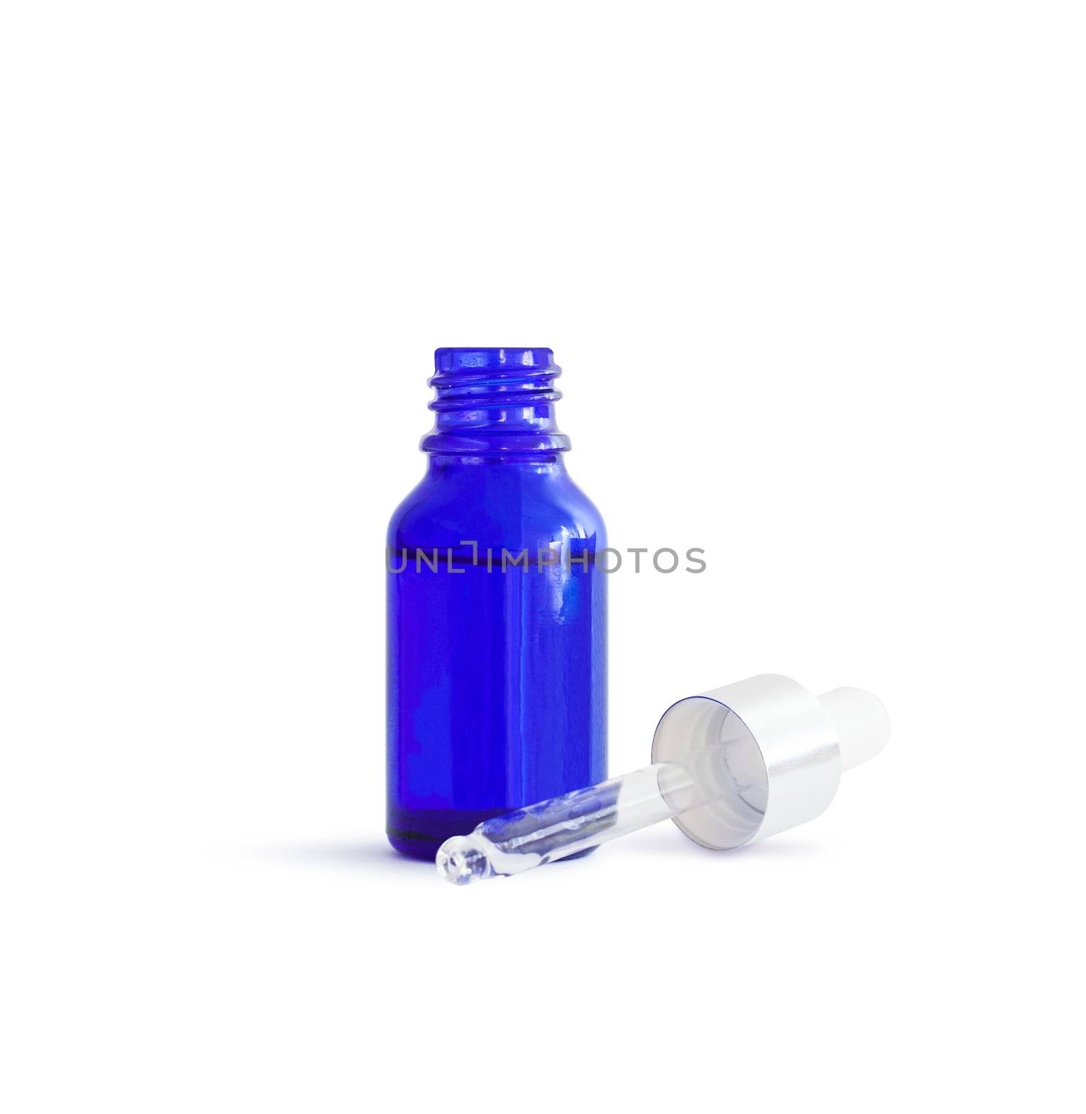 Opened Dropper Bottle. Blue conteiner isolated on white background. With clipping path