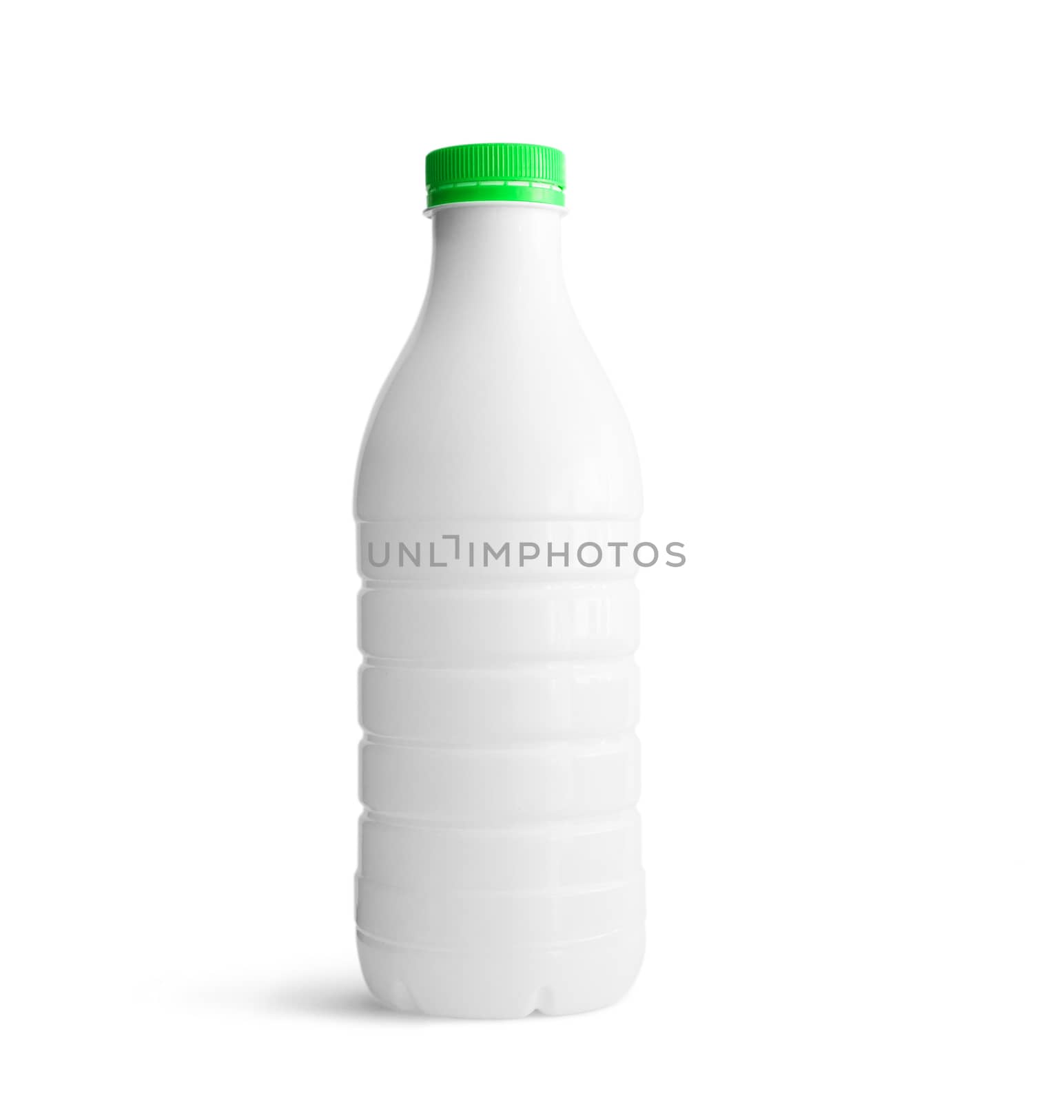 White plastic bottle with green cap isolated on white background. With clipping path