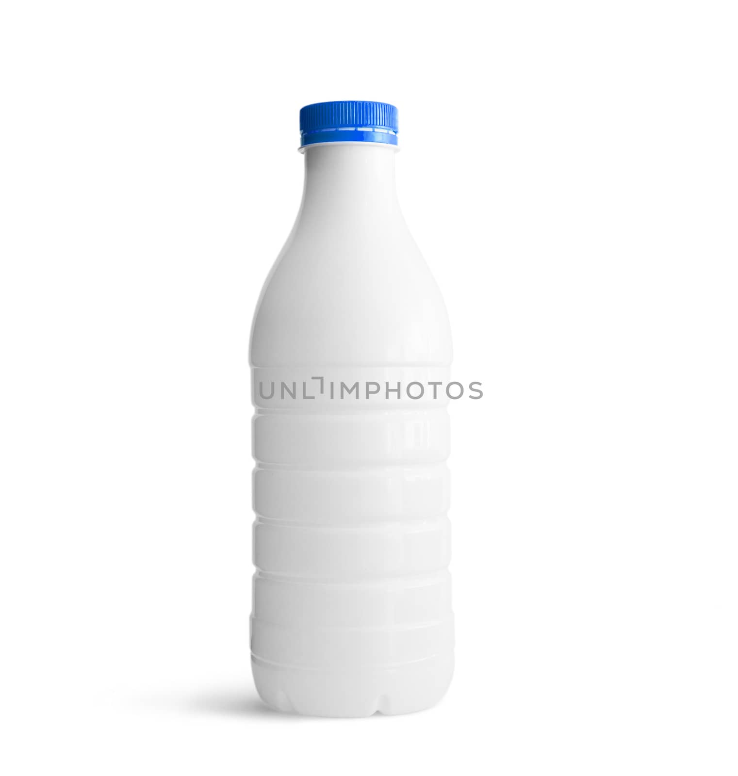 White plastic bottle with blue cap isolated on white background. With clipping path