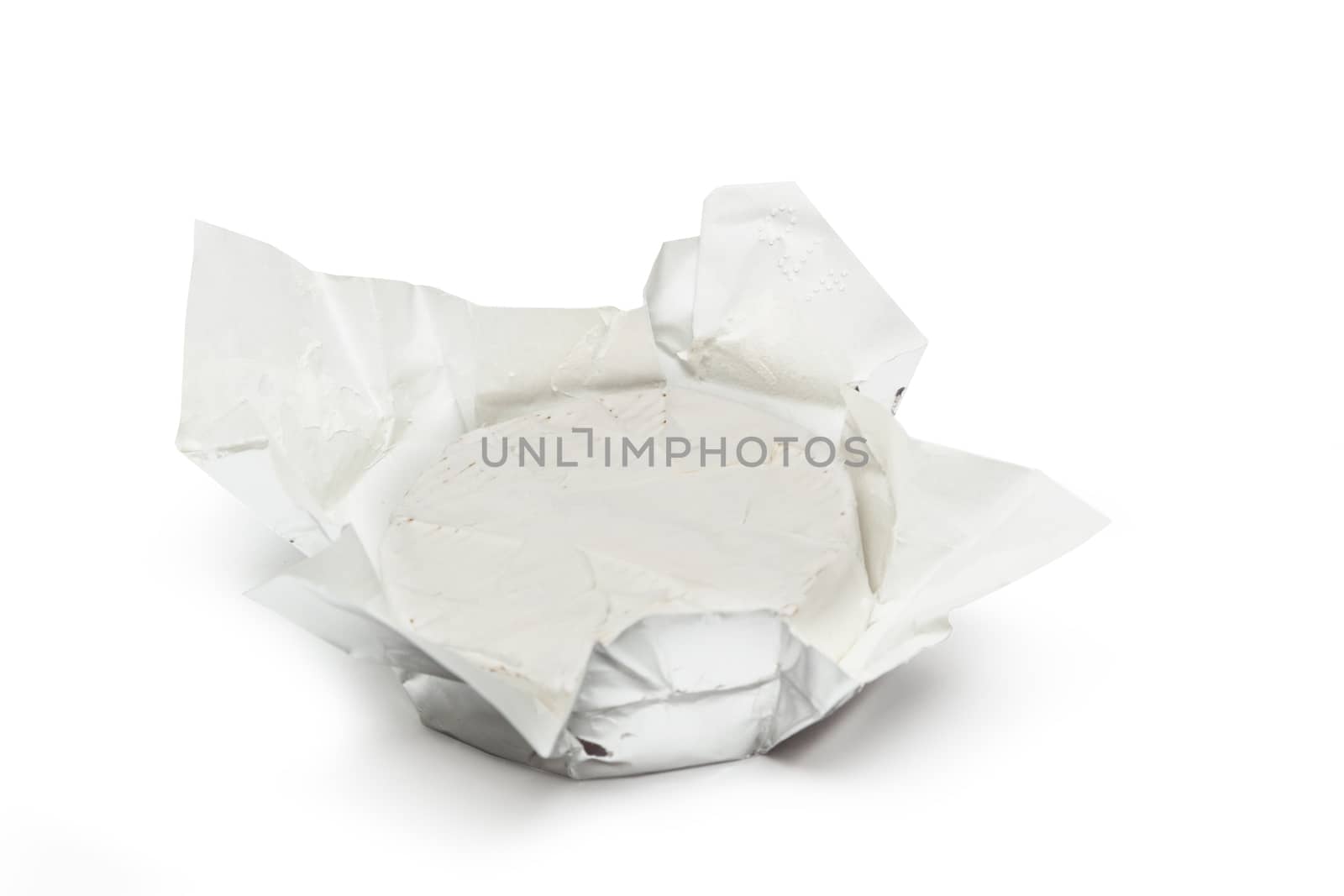 Unpacked traditional fresh Camembert cheese natural isolated on white background. With clipping path