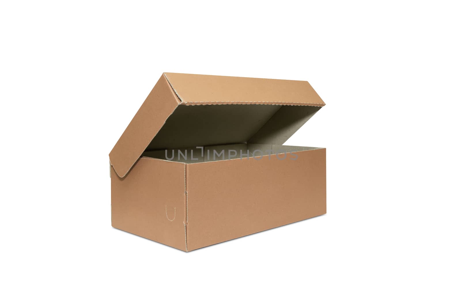 Empty Brown Cardboard box with opened lid isolated on white background. With clipping path.