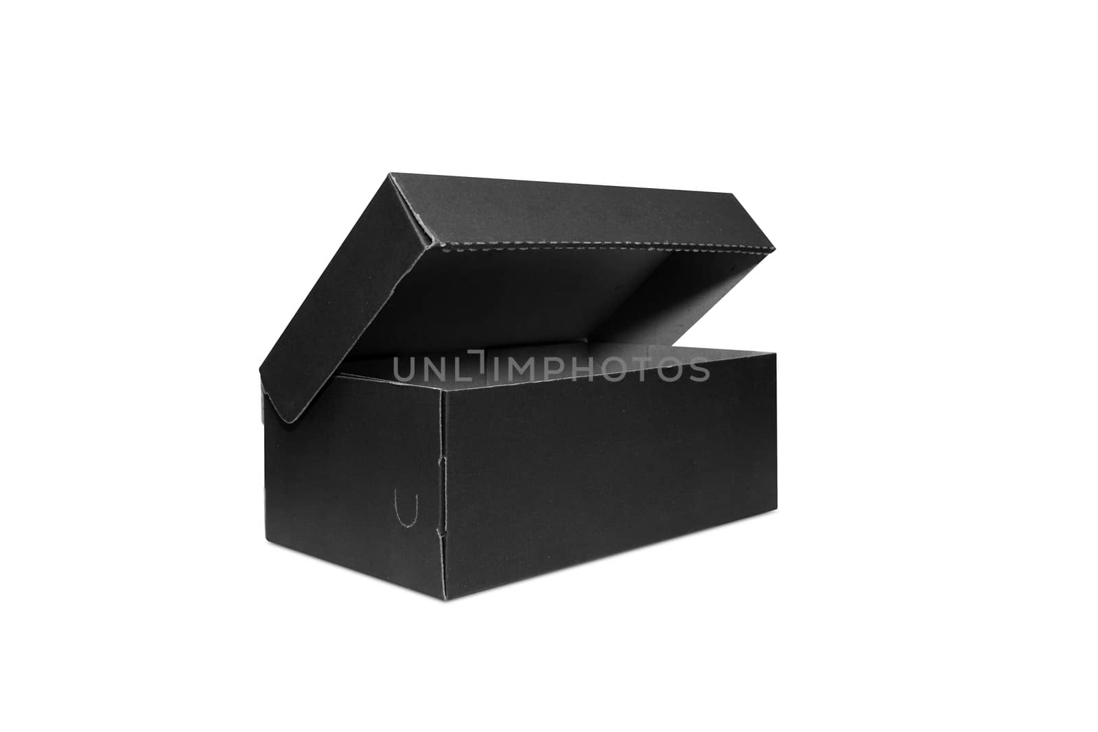 Empty black Cardboard box with opened lid isolated on white background. With clipping path.