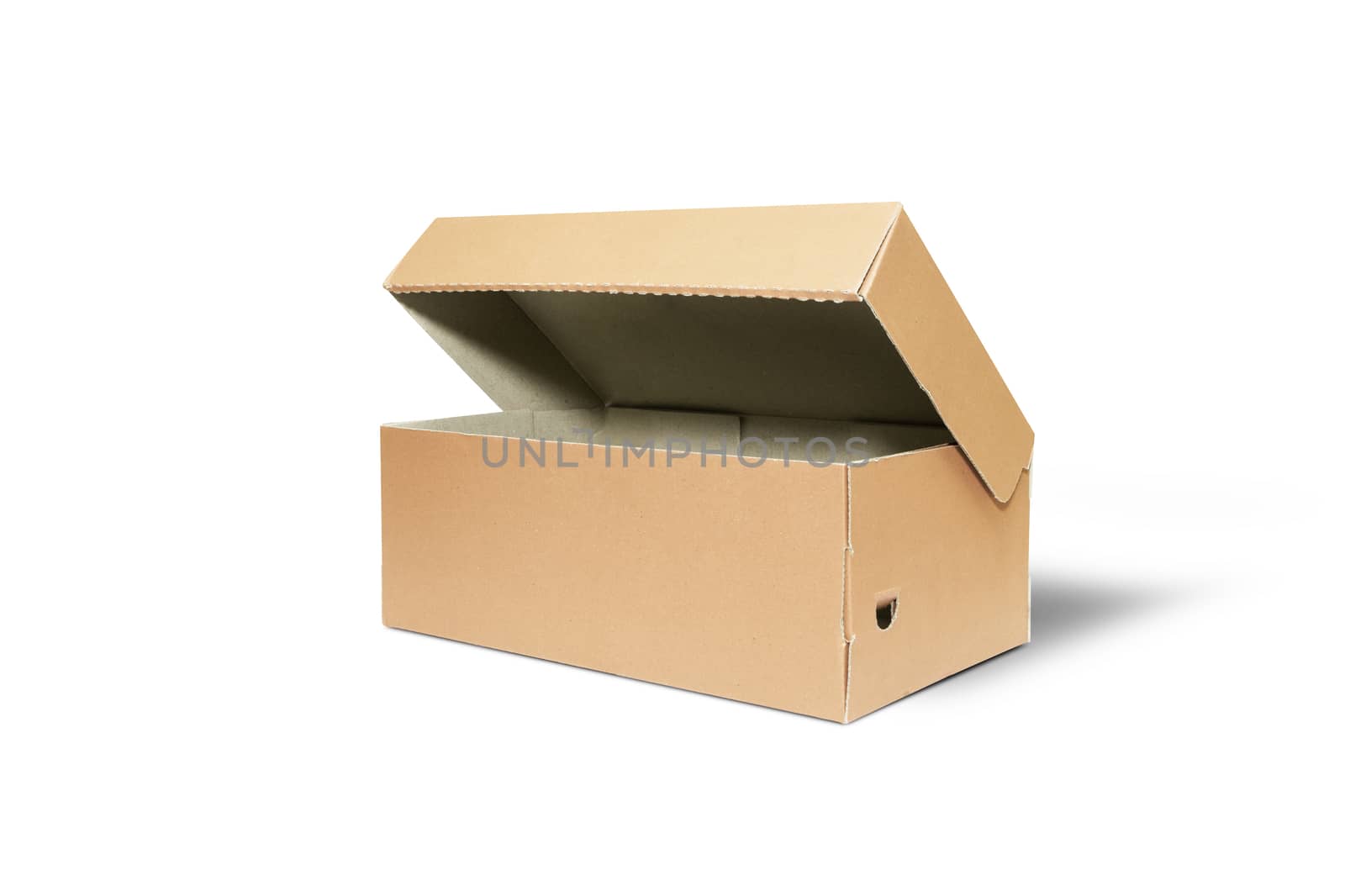 Empty Brown Cardboard box with opened lid isolated on white background. With clipping path.
