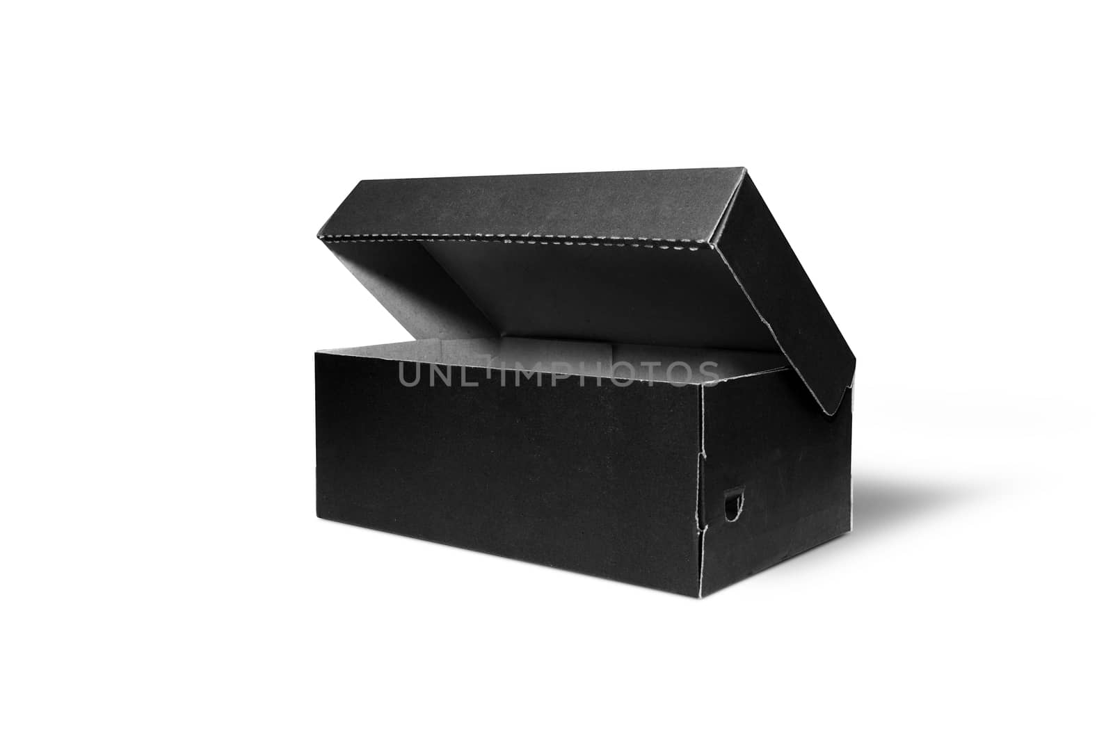 Empty Black Cardboard box with opened lid isolated on white background. With clipping path.