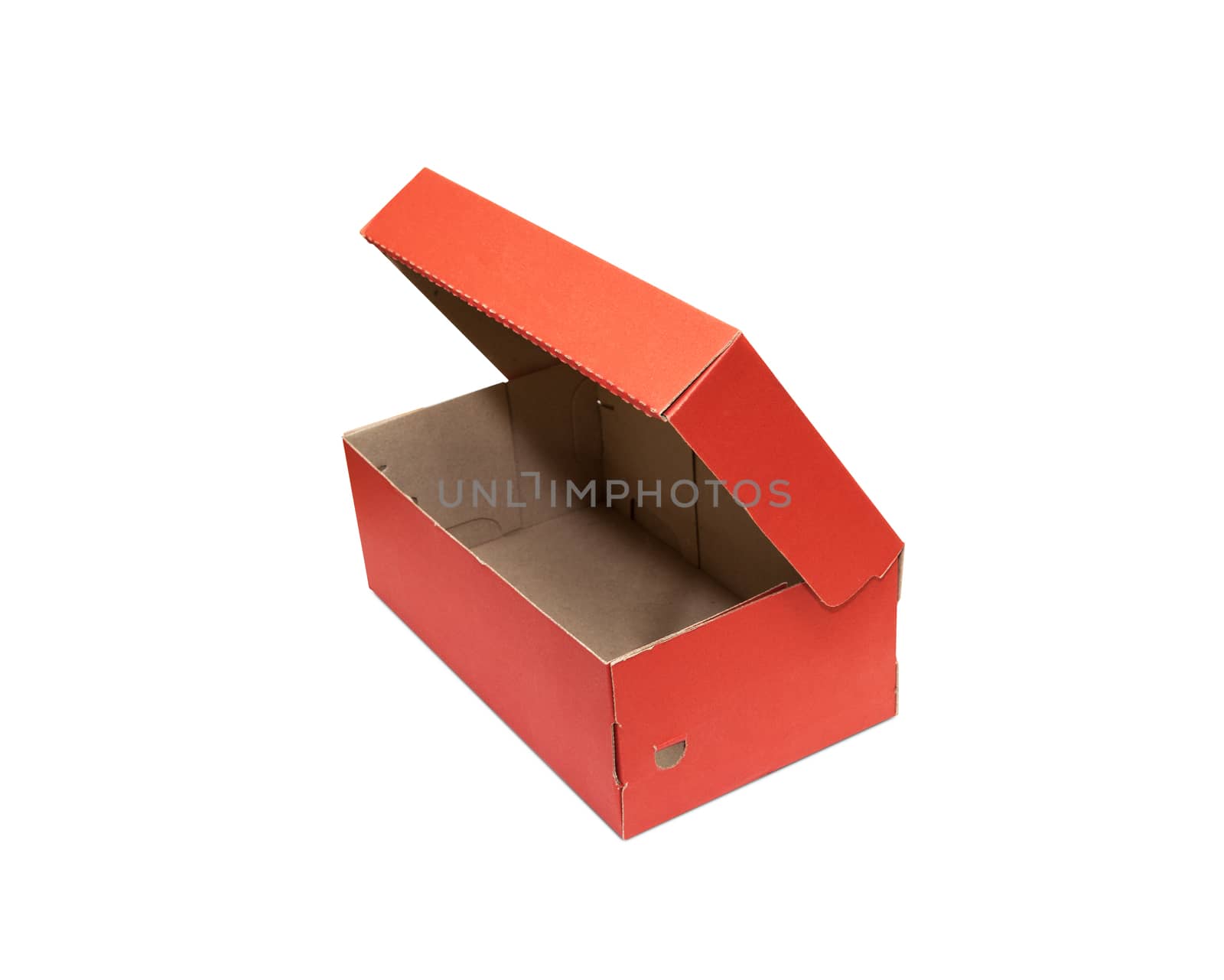 Empty Red Cardboard box with opened lid isolated on white background. With clipping path.