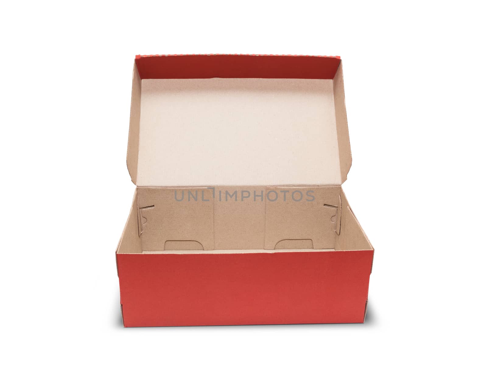Empty Red Cardboard box with opened lid isolated on white background. With clipping path.