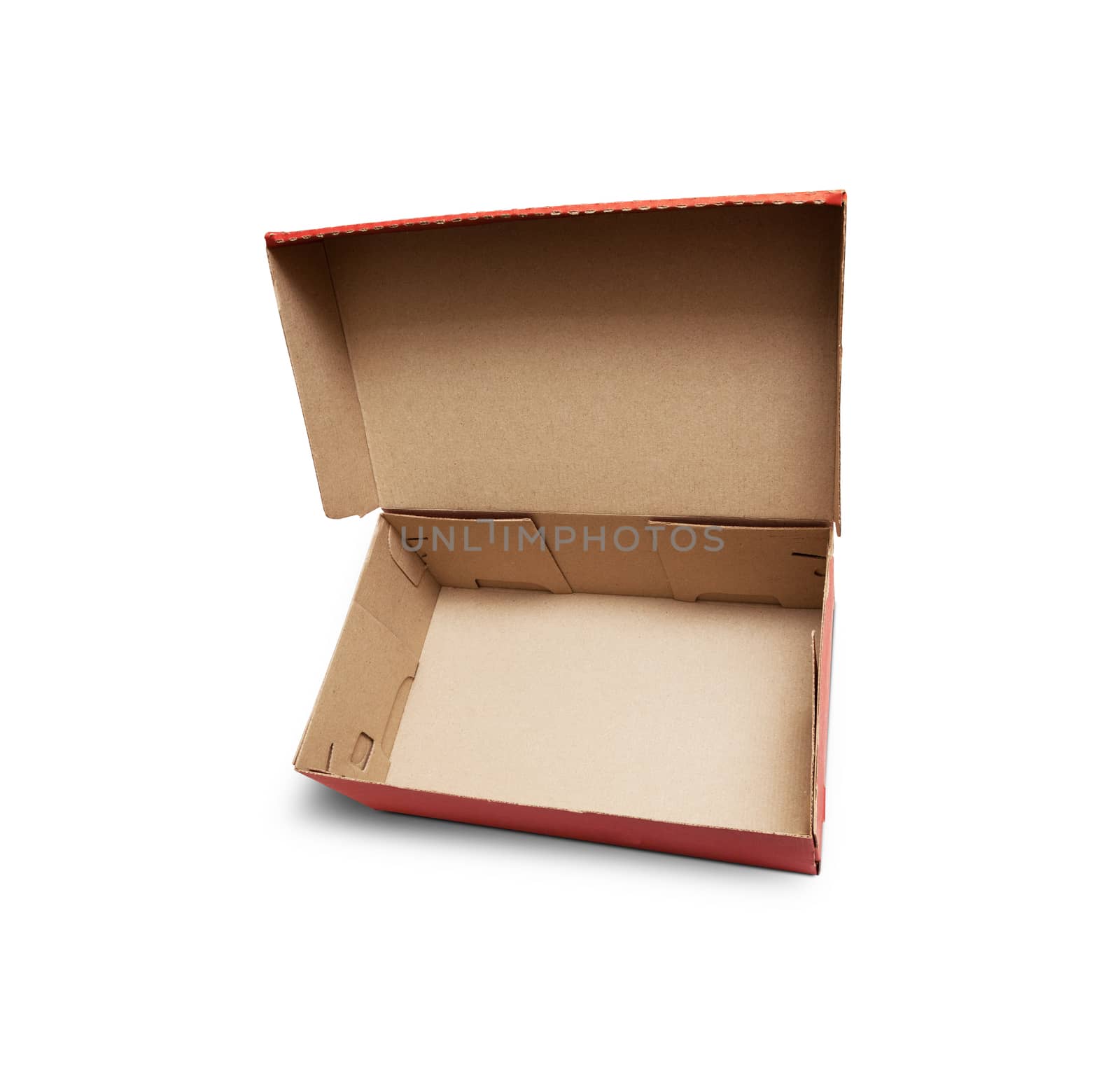 Empty Red Cardboard box with opened lid isolated on white background. With clipping path.