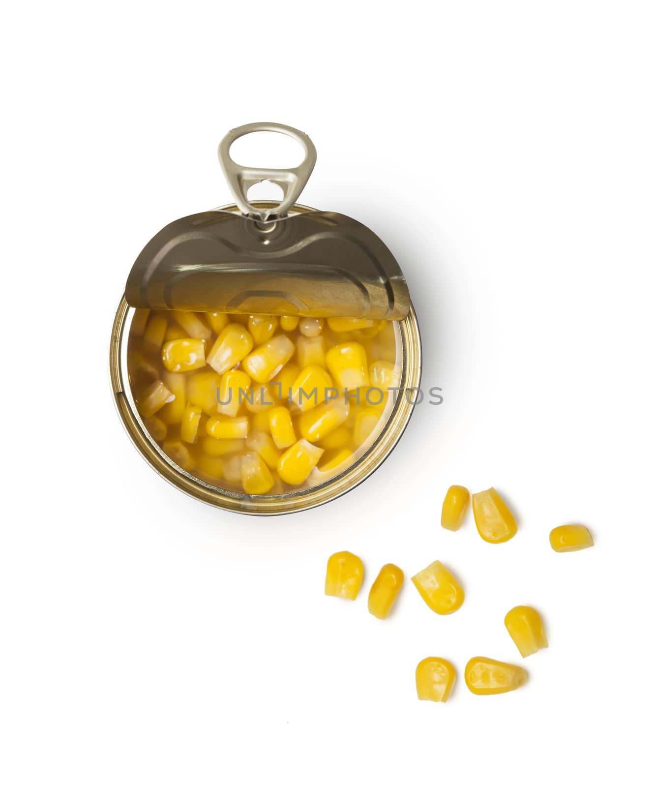 Sweet corn in a tin can over white background. Top view. With clipping path.