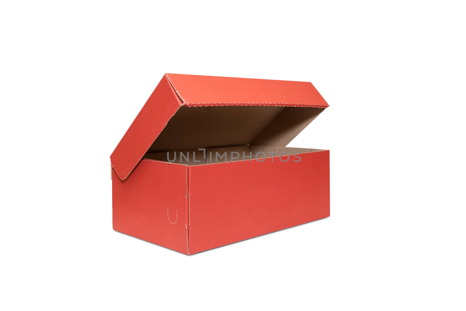 Empty Red Cardboard box with opened lid isolated on white background. With clipping path.