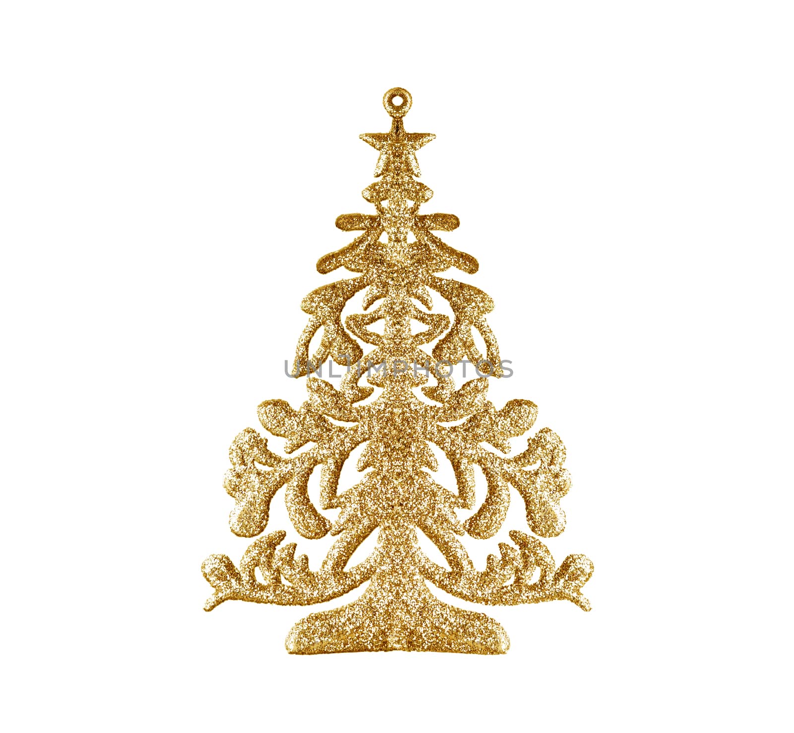 Gold decoration Christmas New Year Beautiful Pine, spruce, isolated on white background.