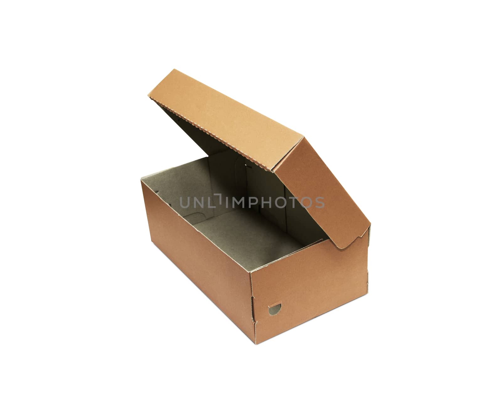 Empty brown Cardboard box with opened lid isolated on white background. With clipping path.