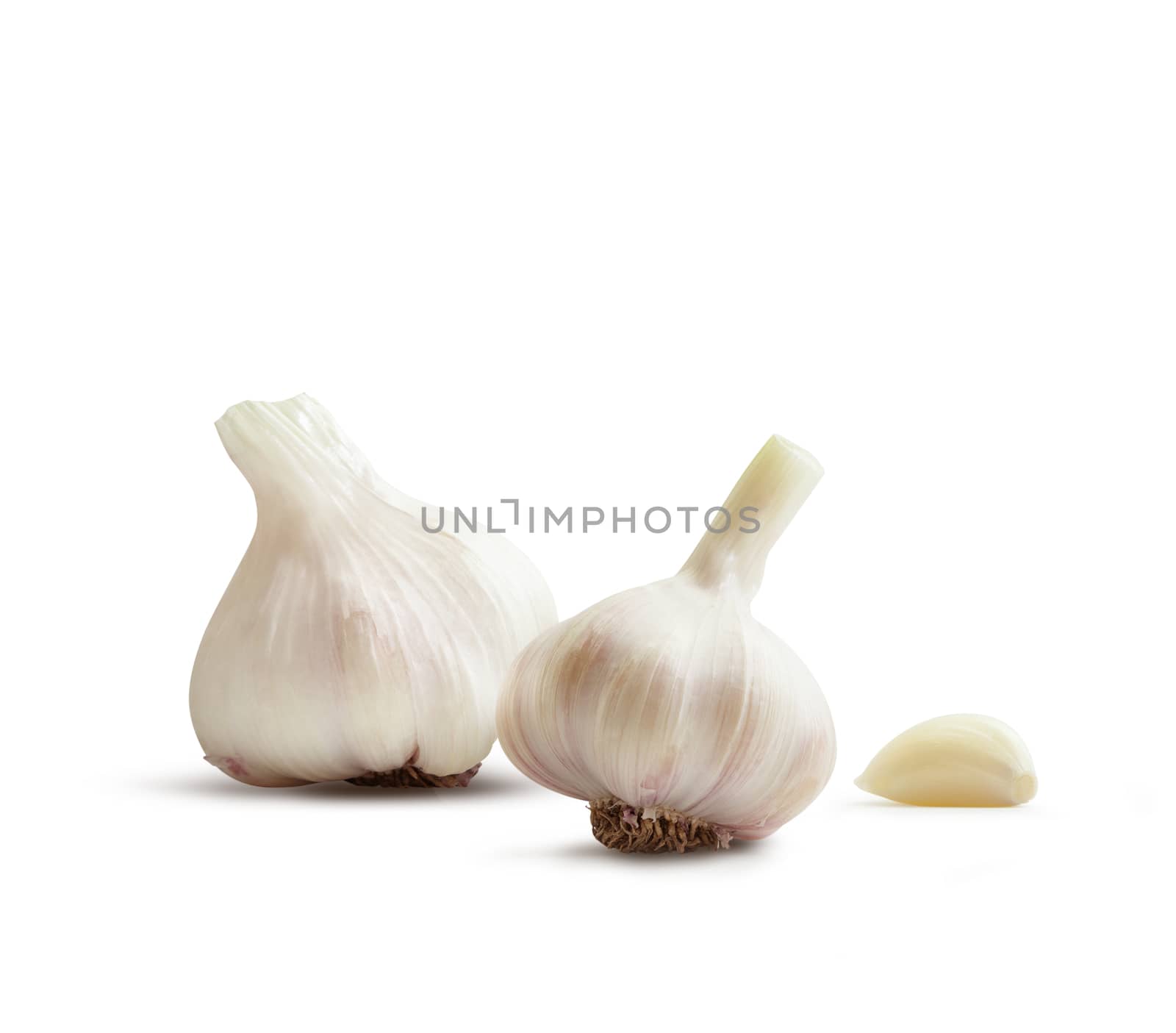 Garlic group and slices. Isolated on white background.