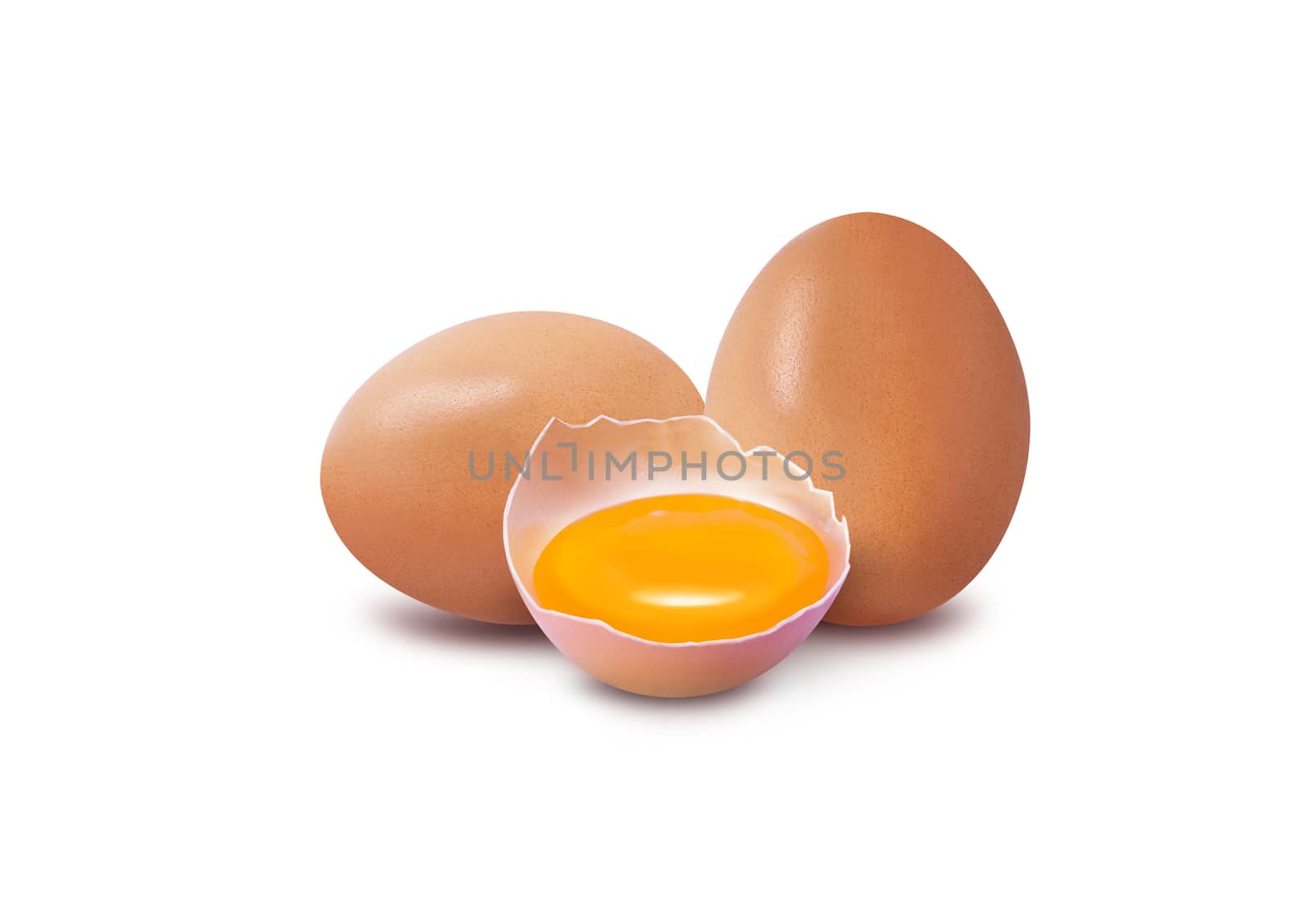 With brown eggs on a white background. One egg is broken. With clipping path