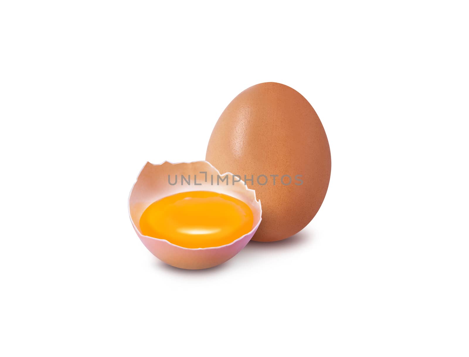 With brown eggs on a white background. One egg is broken. With clipping path