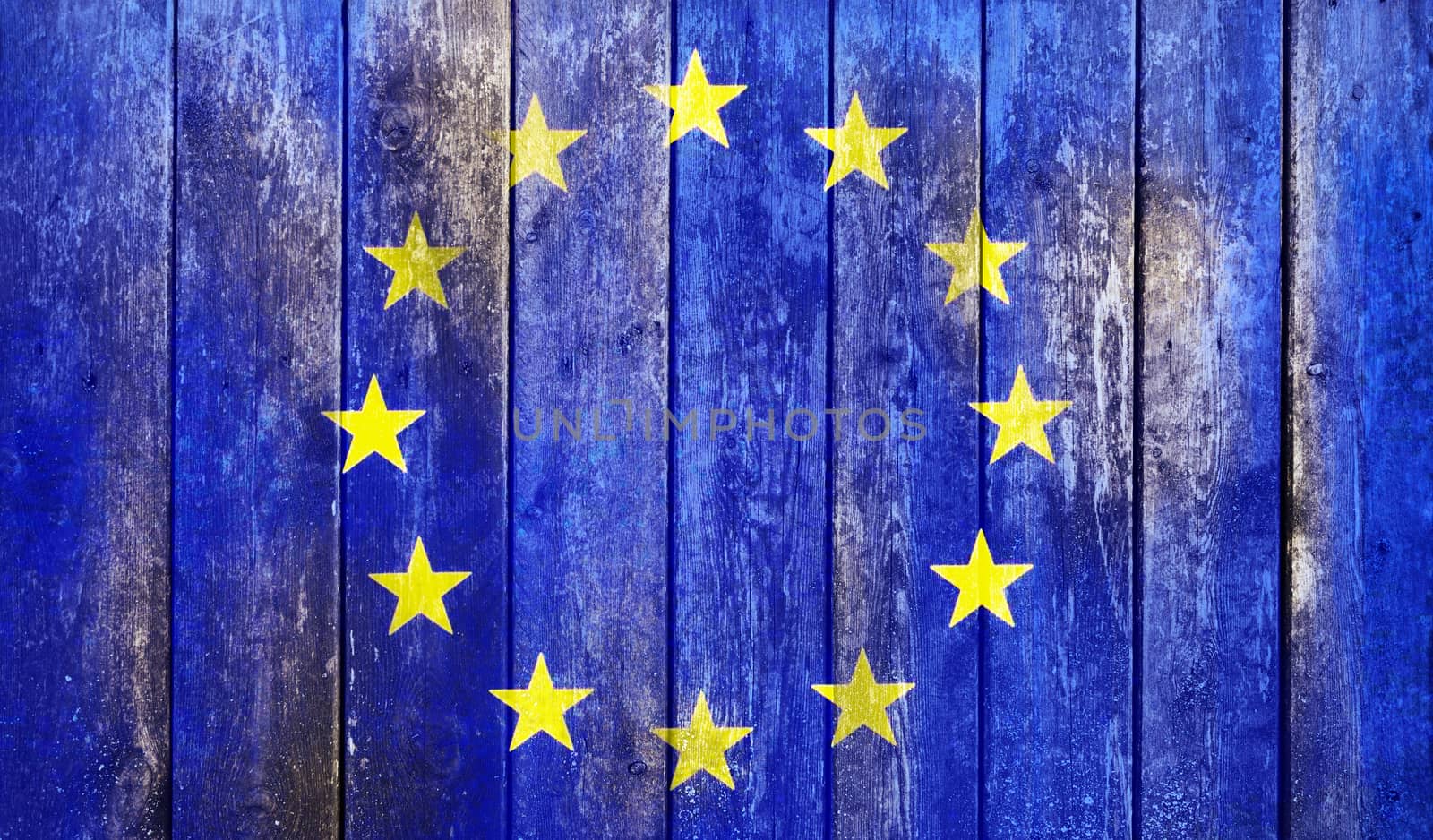 Flag of Europe union painted on grungy wood plank background