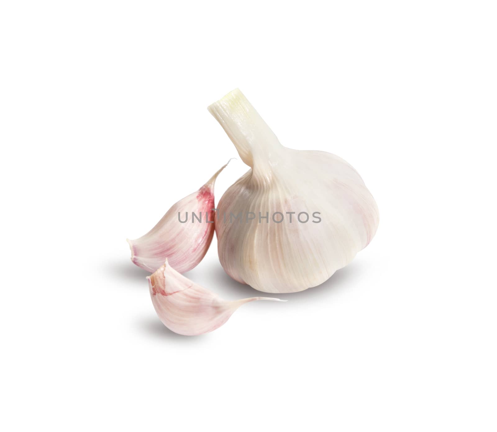 Garlic group and slices. Isolated on white background.