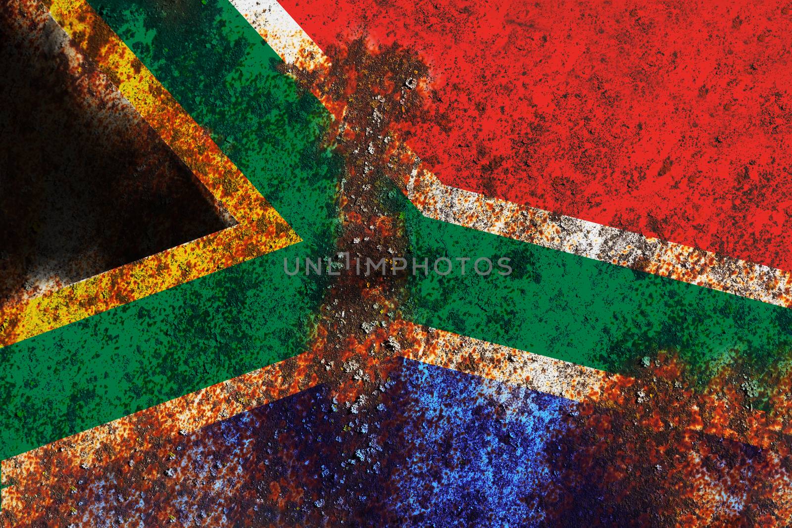 Grunge South Africa flag on rusty metal background texture