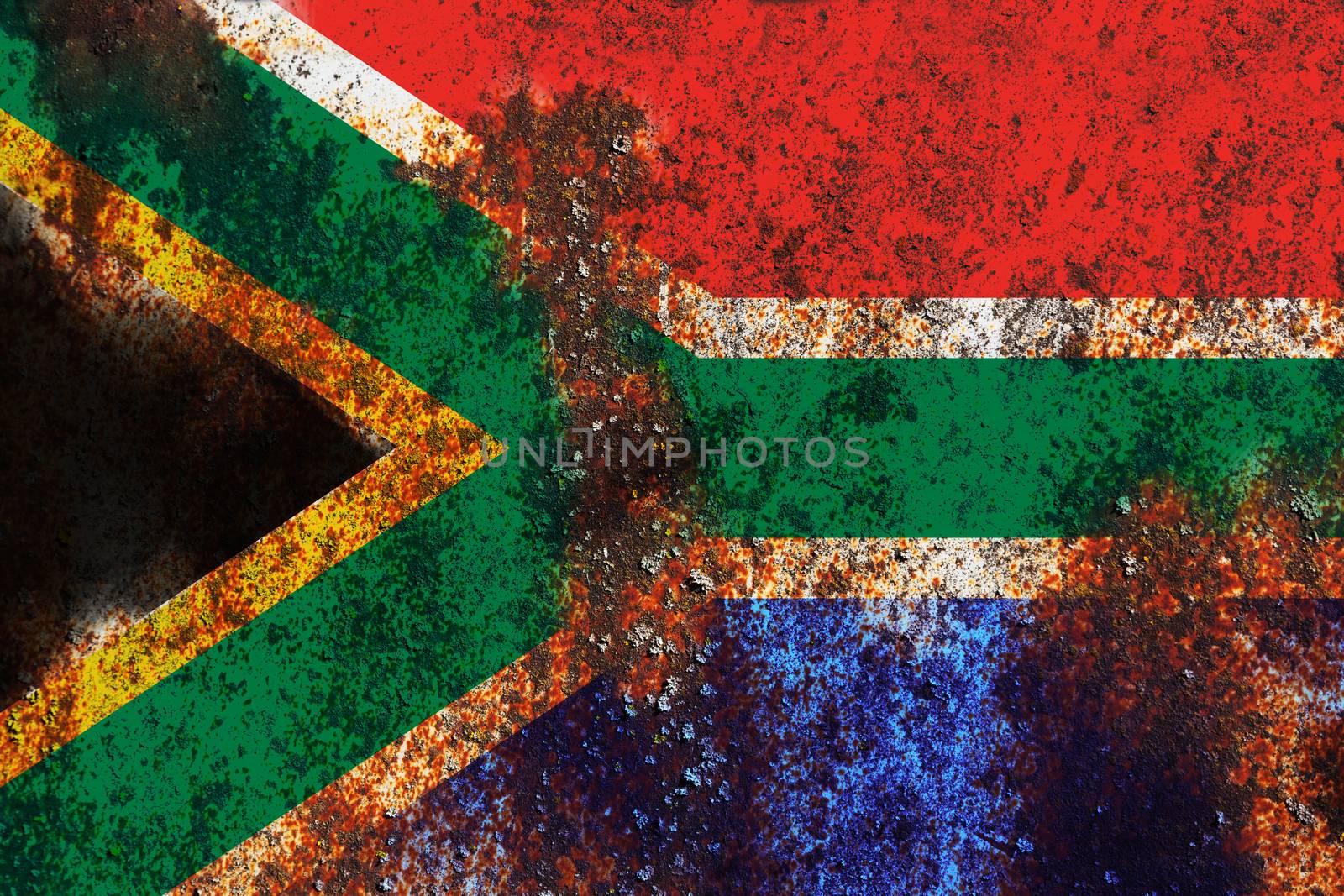 Grunge South Africa flag on rusty metal background texture