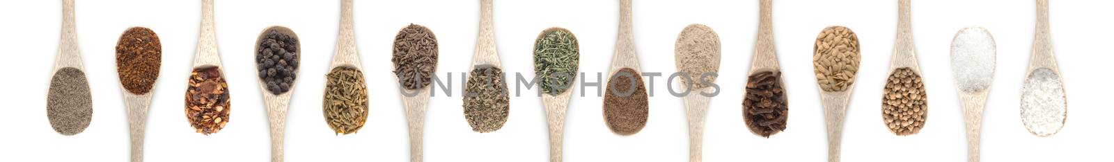 Spices Set in spoons isolated on white background. Top view.