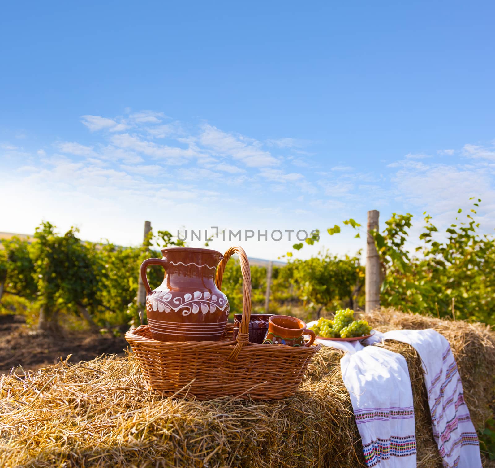 Concept of vine. Traditional Moldova story. Jug in basket of straw on background of the vineyards valley. Sunny day, blue sky