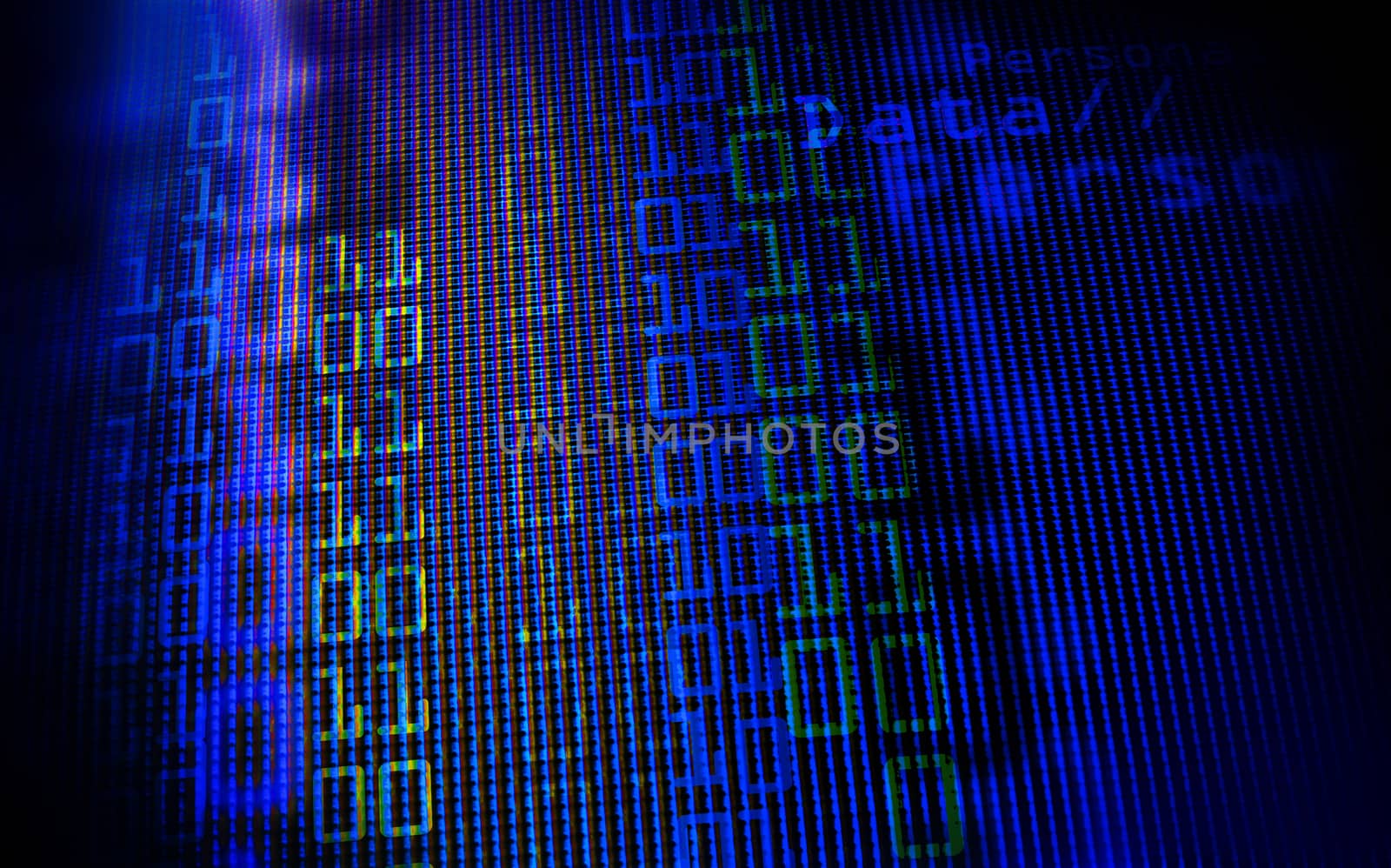 Digital binary data on computer monitor screen. Close-up with small depth resolution