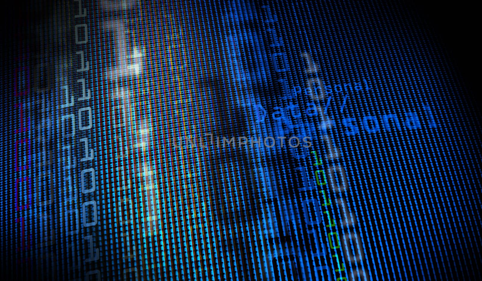 Digital binary data on computer monitor screen. Close-up with small depth resolution