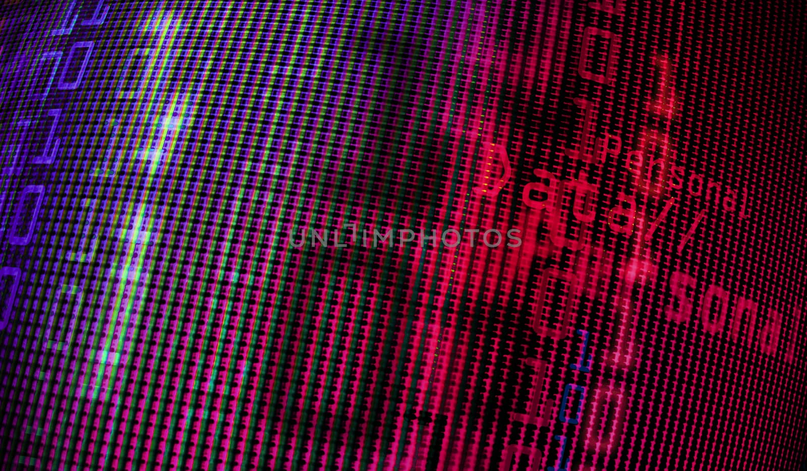 Digital binary data on computer monitor screen. Close-up with small depth resolution