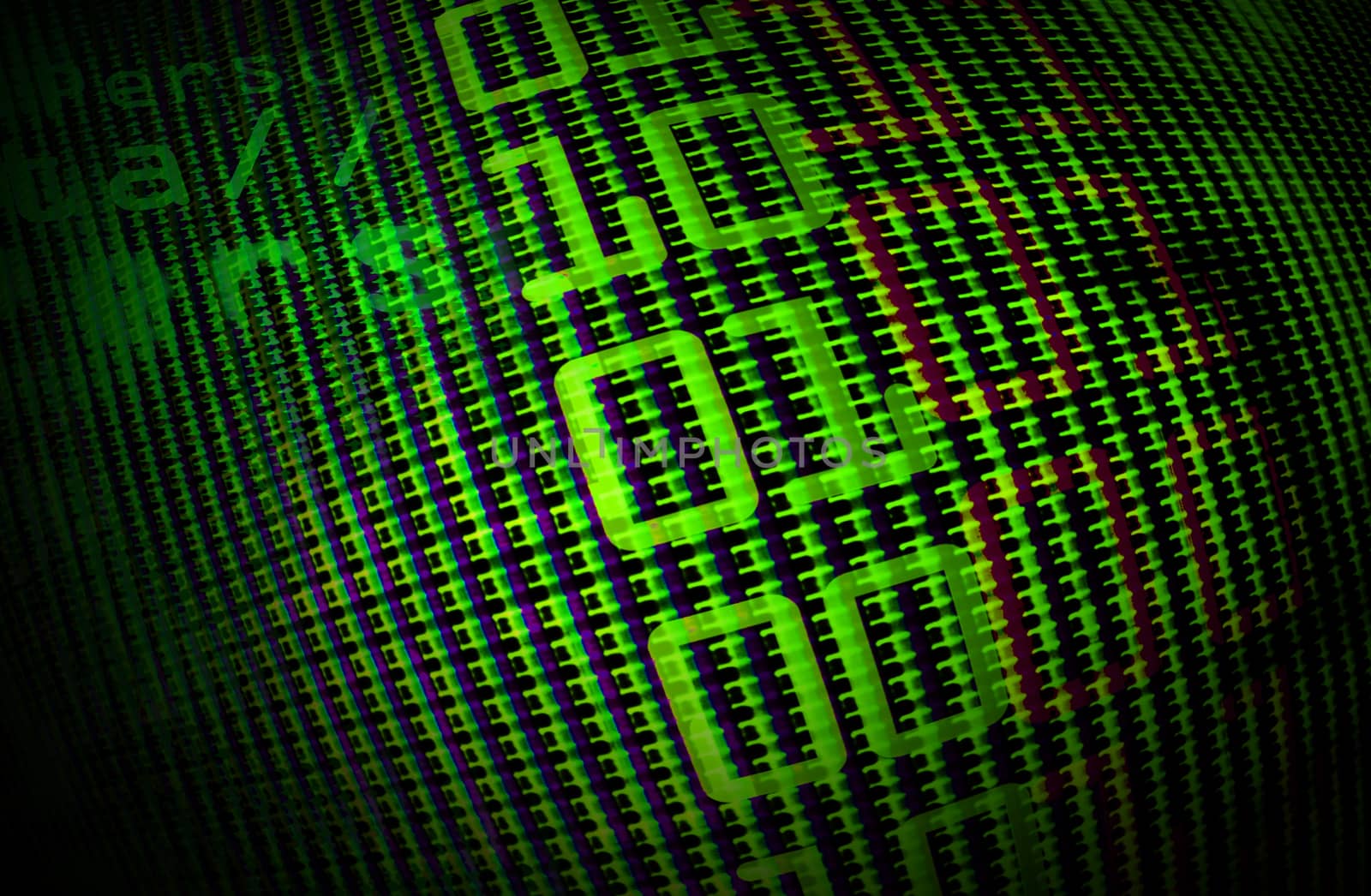 Digital binary data on computer monitor screen. Close-up with small depth resolution