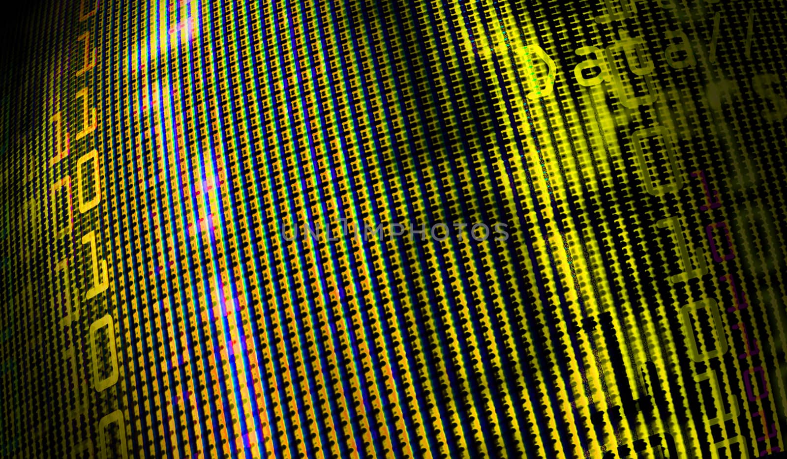 Digital binary data on computer monitor screen. Close-up with small depth resolution