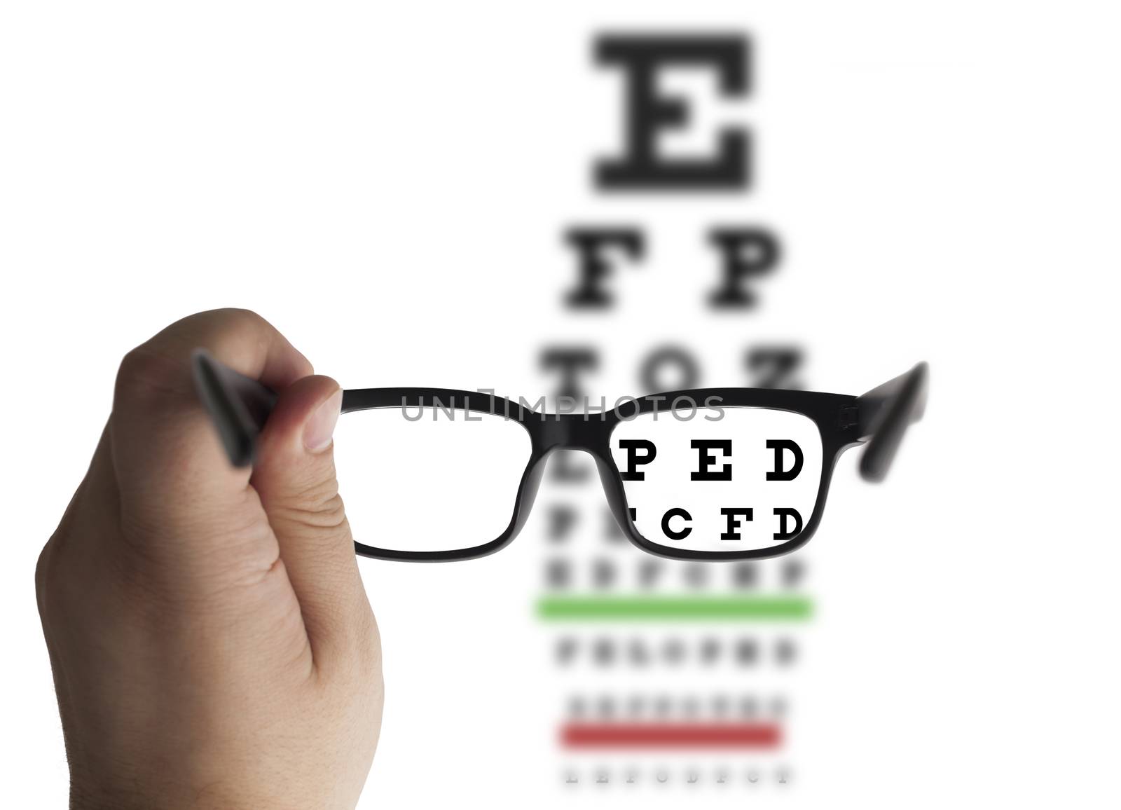 Eye glasses on eyesight test chart background