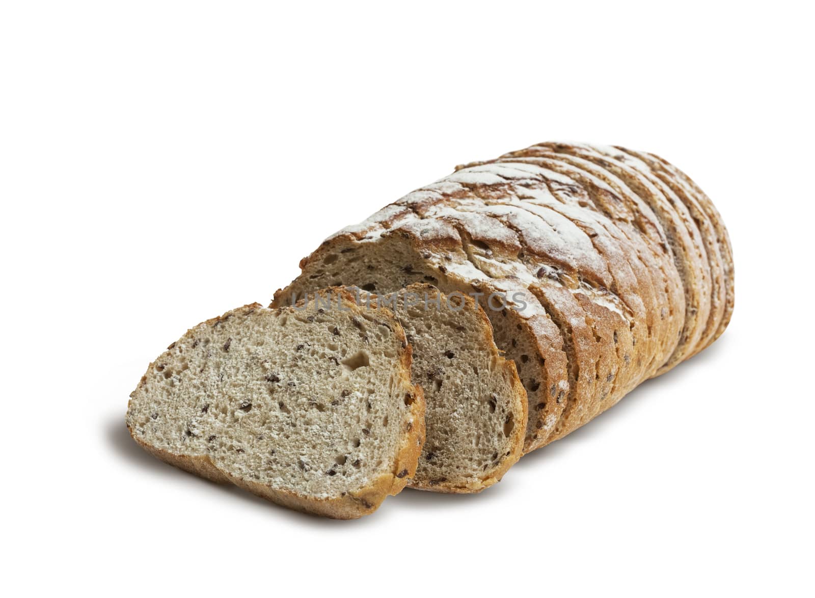Sliced rye bread with linseed isolated on white background. With clipping path