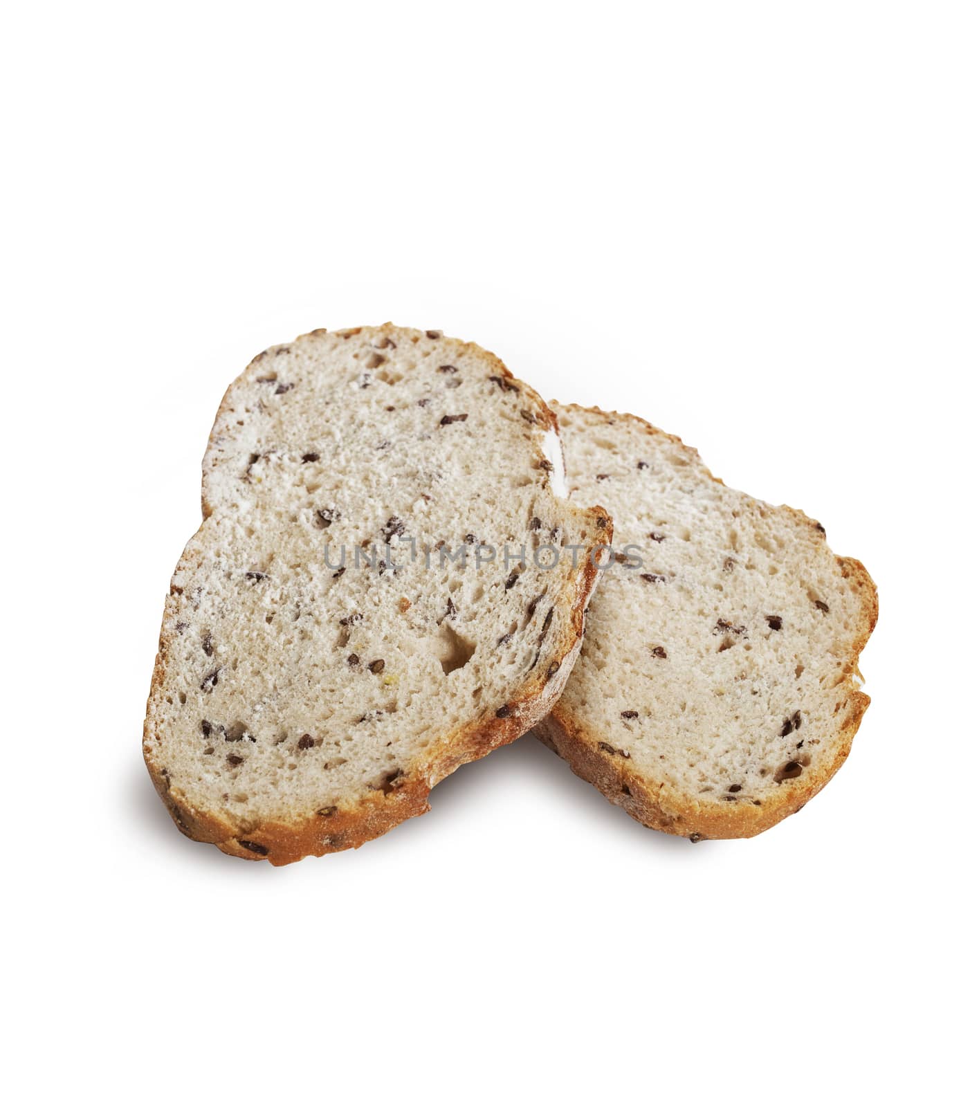 Sliced rye bread with linseed isolated on white background. With clipping path