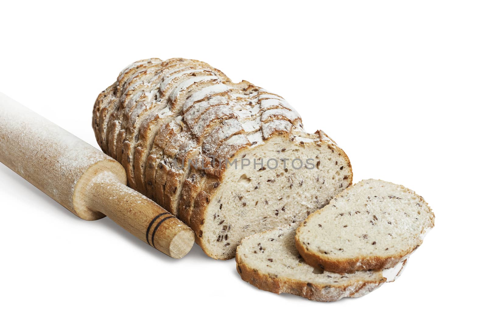Sliced rye bread with linseed isolated on white background. With clipping path