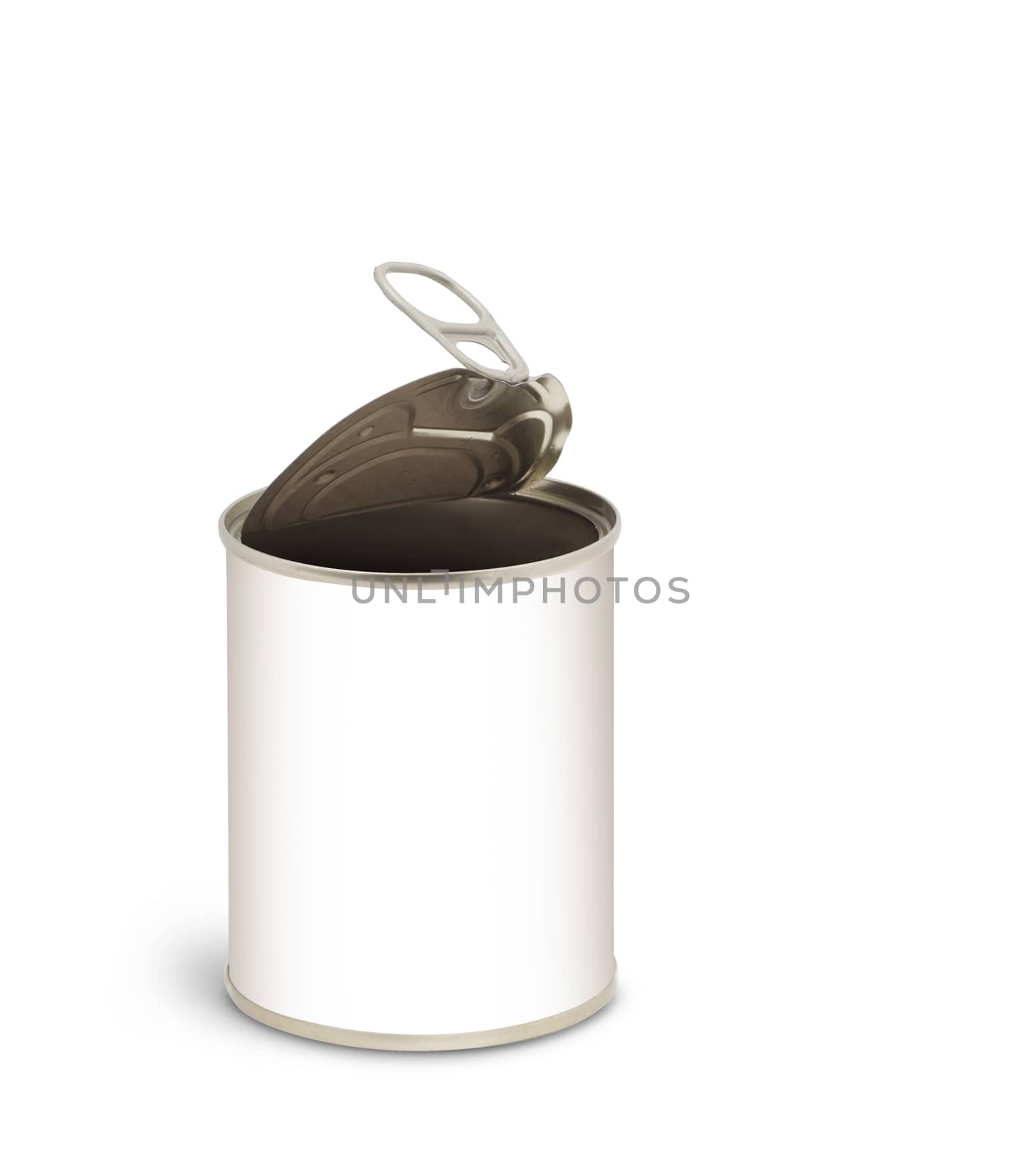 Opened metal can isolated over white background